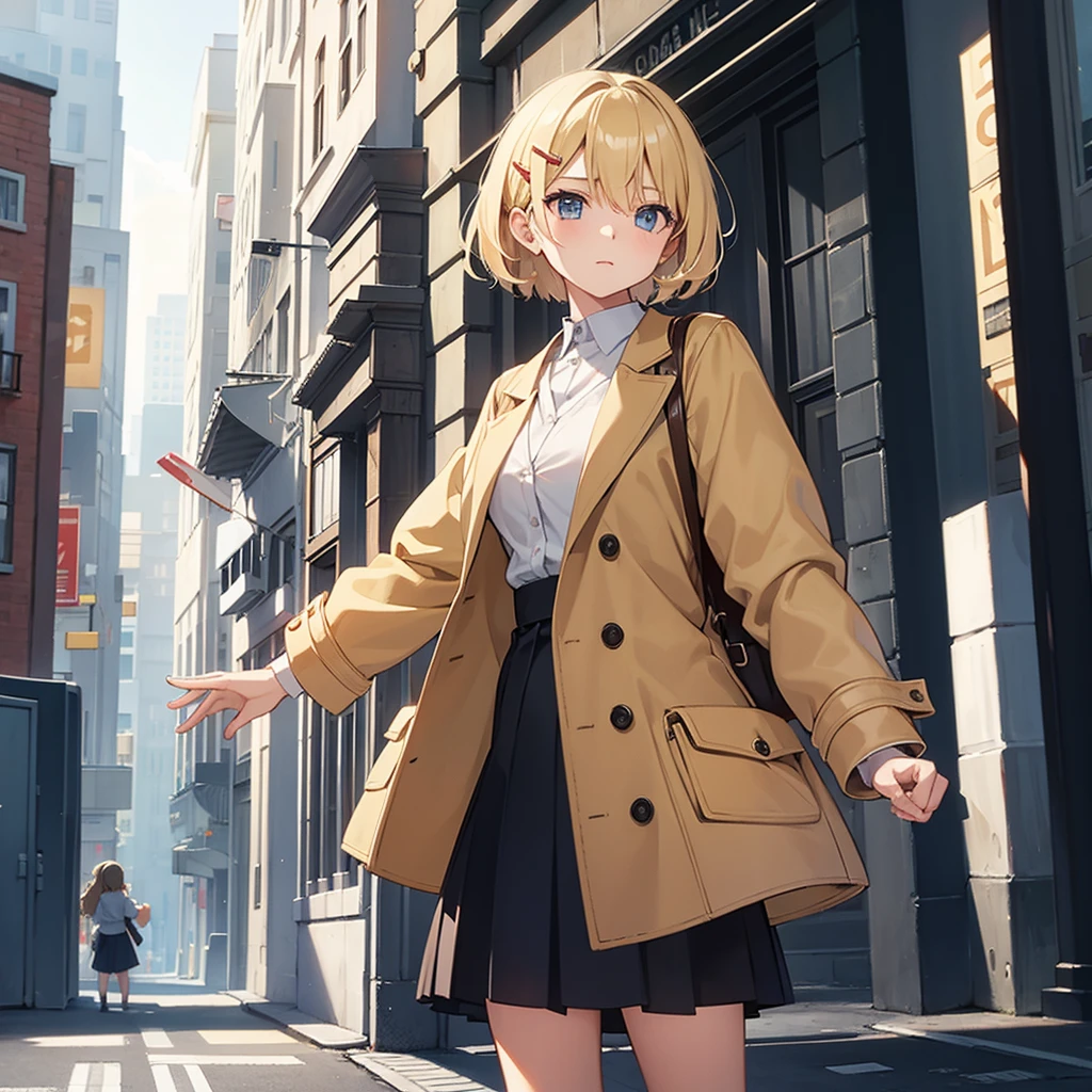 Masterpiece, solo, 1girl, overcoat, hair ornament, short skirt, short blonde hair, Street 