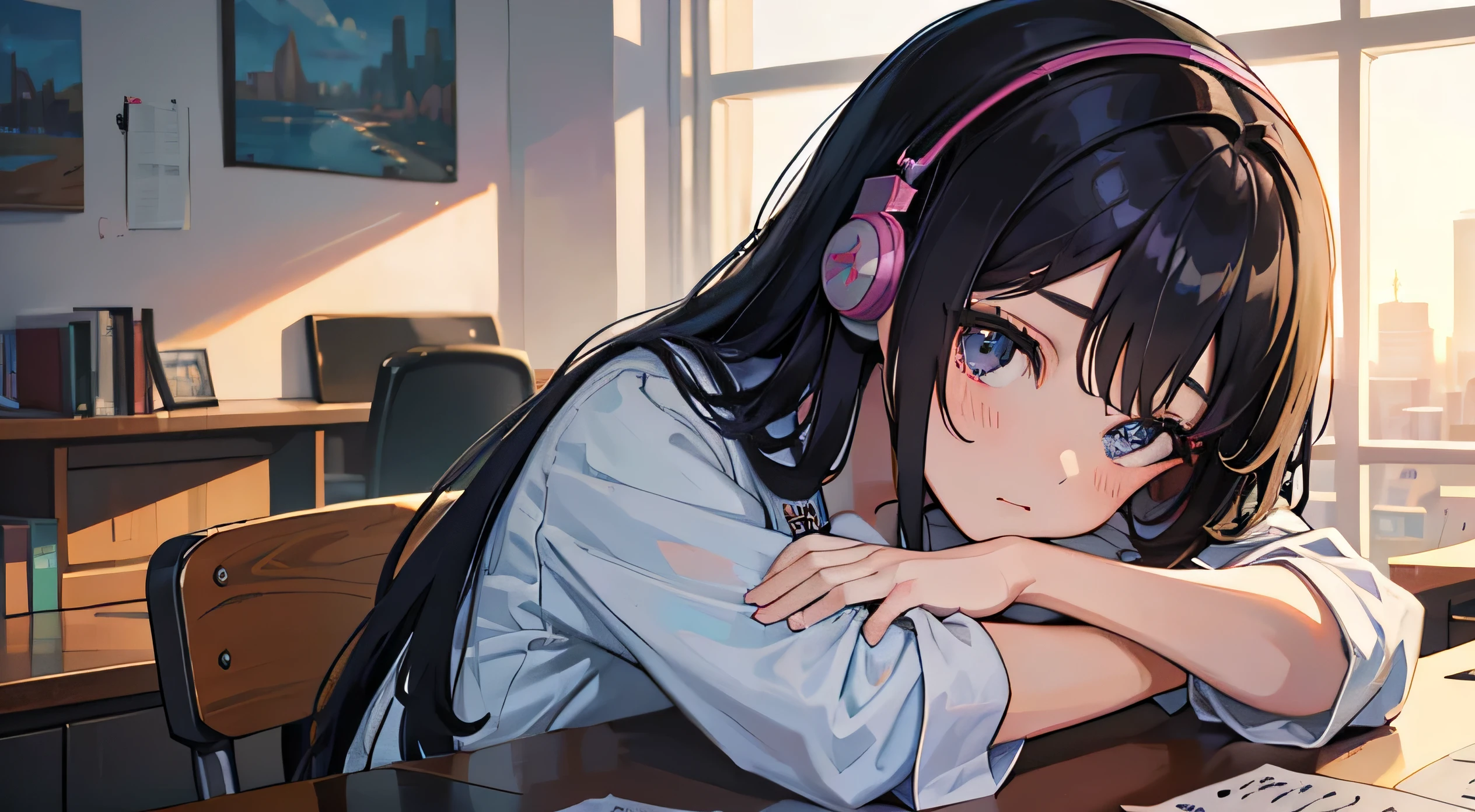 portlate、512、Lo-Fi(Lo-Fi)(Lo-Fi(Lo-Fi))、Girl wearing headphones and sitting on a chair、classroom、sit at desk、sad、l、Cityscape outside the window、evening、pastel colour、painting、masterpiece、best quality、超詳細な美しい顔and目、flat background、front painting、close up of face、solo、1 girl、best proportions、(long hair)and(black hair)and(black eye)