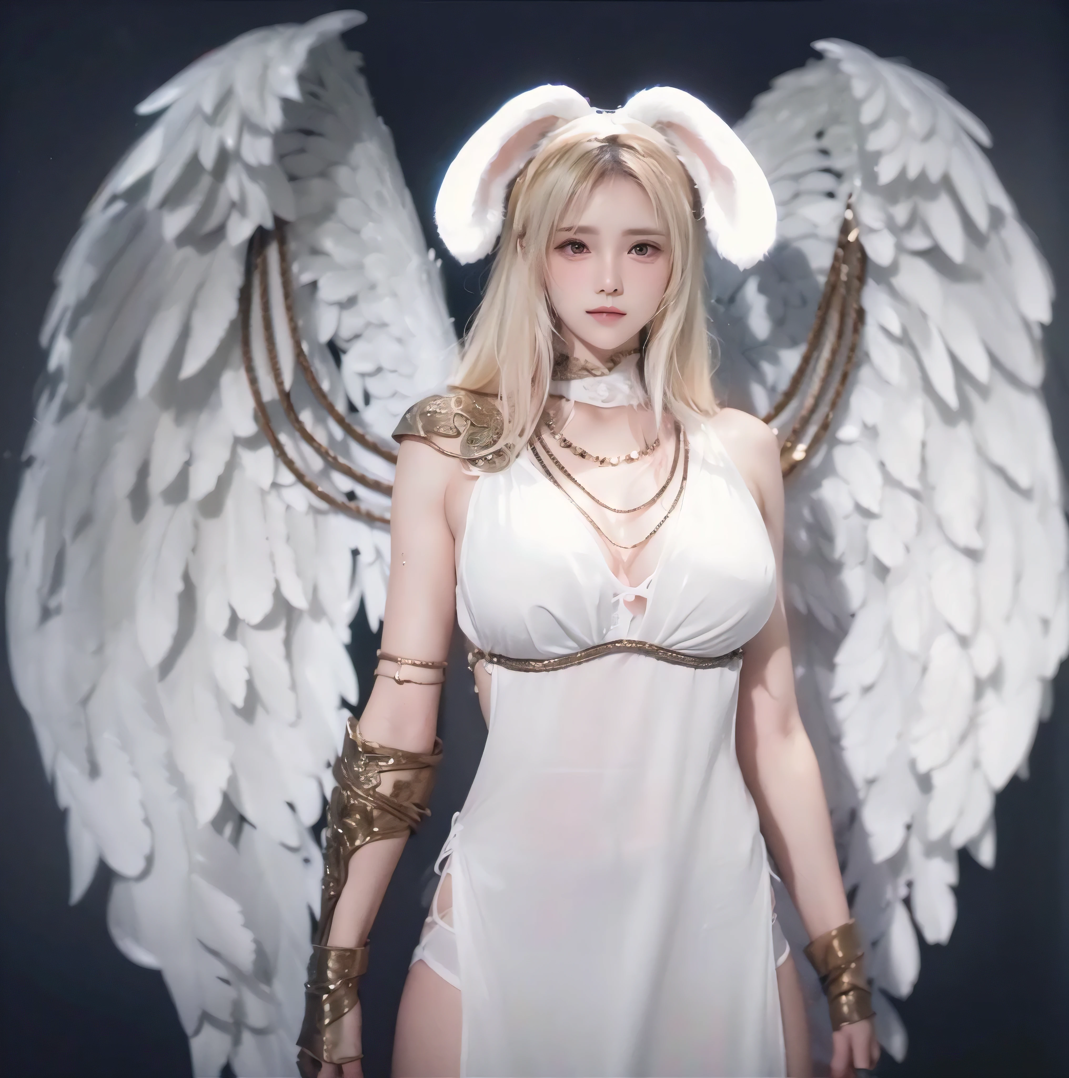 (RAW photo:1.2), ((photorealistic:1.4),(masterpiece:1.3),(best quality:1.4),ultra high res,(detailed facial features),(detailed clothes features),HDR,8k resolution, 1 girl, blush, blonde hair, 8k, ultra high details, perfect nose, sexy bikini, rabbit earsband, cinematic lighting, perfect body, wings, bunny ears,