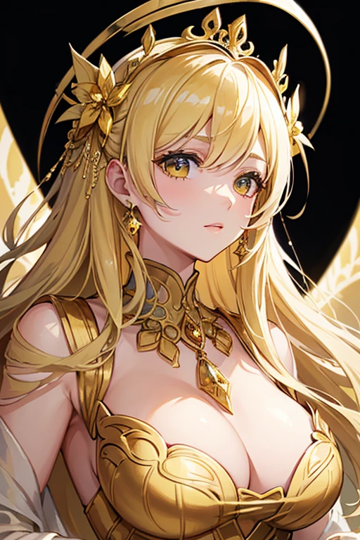 extremely detailed, solo, perfect face, pretty face, highly detailed face,(muste piece), (best quality)、Woman in gold dress, wearing a dress of gossamer gold, Medieval dress yellow ocher, golden dress, dress in the style of rococo, Royal Gown, The most beautiful woman in the world、best style、perfect style、big breasts、Upper body