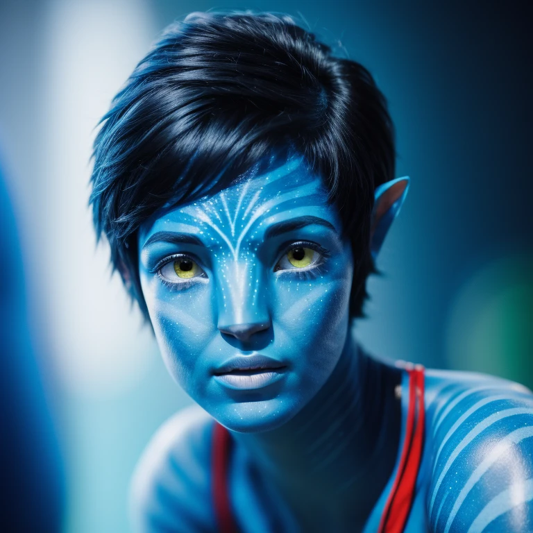 avtr:1.1, avatar style, portrait:1.6, 1girl, female, (blue skin tone:1.0), (short hair:1.0), pixie cut hairstyle, dark brown hair color, 18 years old:1, face wrinkles, wearing tribal clothing, wearing a top, detailed eyes, toned body, muscled body, vibrant colors, glowing, ethereal atmosphere, surrealistic dreamy lighting, textured skin, otherworldly beauty, mesmerizing photography, (best quality, highres), vivid colors, ultrarealistic, skin details, striped skin, sfw, face close-up:0.5, ultradetailed body