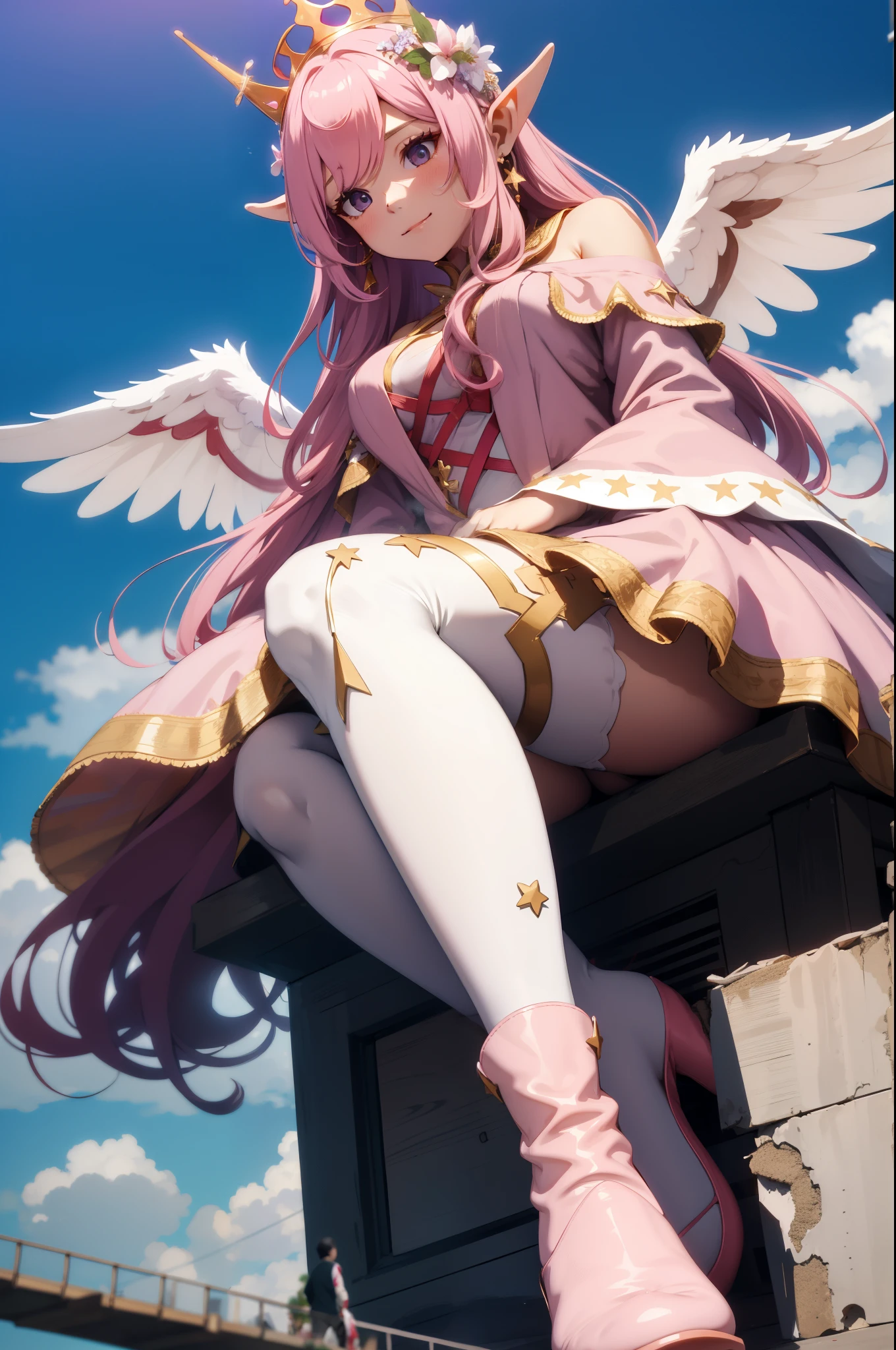 giant girl 50,000 feet high,Weight 1000kg,Has a pair of huge pink angel wings,With huge devil horns on his head,crown on head,Elf wearing pink earrings,She has long pink hair that reaches her feet,loose hair,Pink wavy long curly hair,Wearing a pair of pink boots,Pink lace gloves,Pink lace pantyhose,Pantyhose with bow and star decorations,粉色蕾丝whole body,Standing upright on a small city,Beautiful appearance,Exquisite makeup,quality,8k,高quality,Perfect proportion, Cinema lighting,film grain,Fuji colors,8k,textured skin,Super details,high detail,high resolution,fake smile,blood stains,脚底有blood stains,whole body,Obese,elf princess,feather,flowers,Sitting elegantly on a tall building。