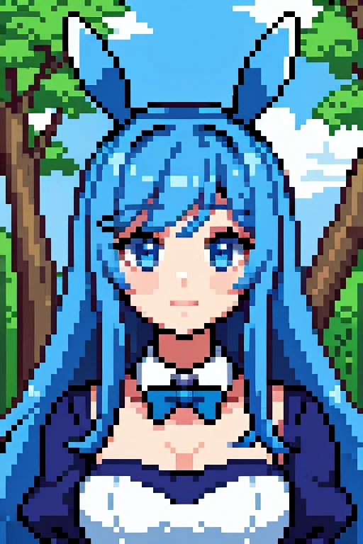 Pixel art, blue hair, long hair, bunny girl costume, blue eyes, nature in the background, portrait