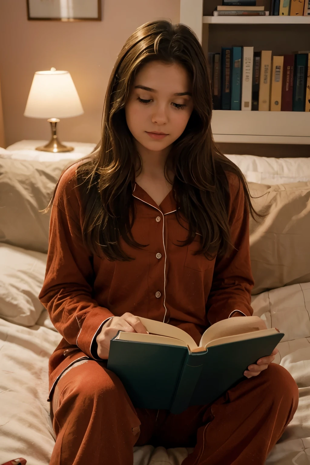 Young girl with brown hair sitting in the bed and reading a book. Wearing red pijamas. In the background a bookself seen. Realistic.