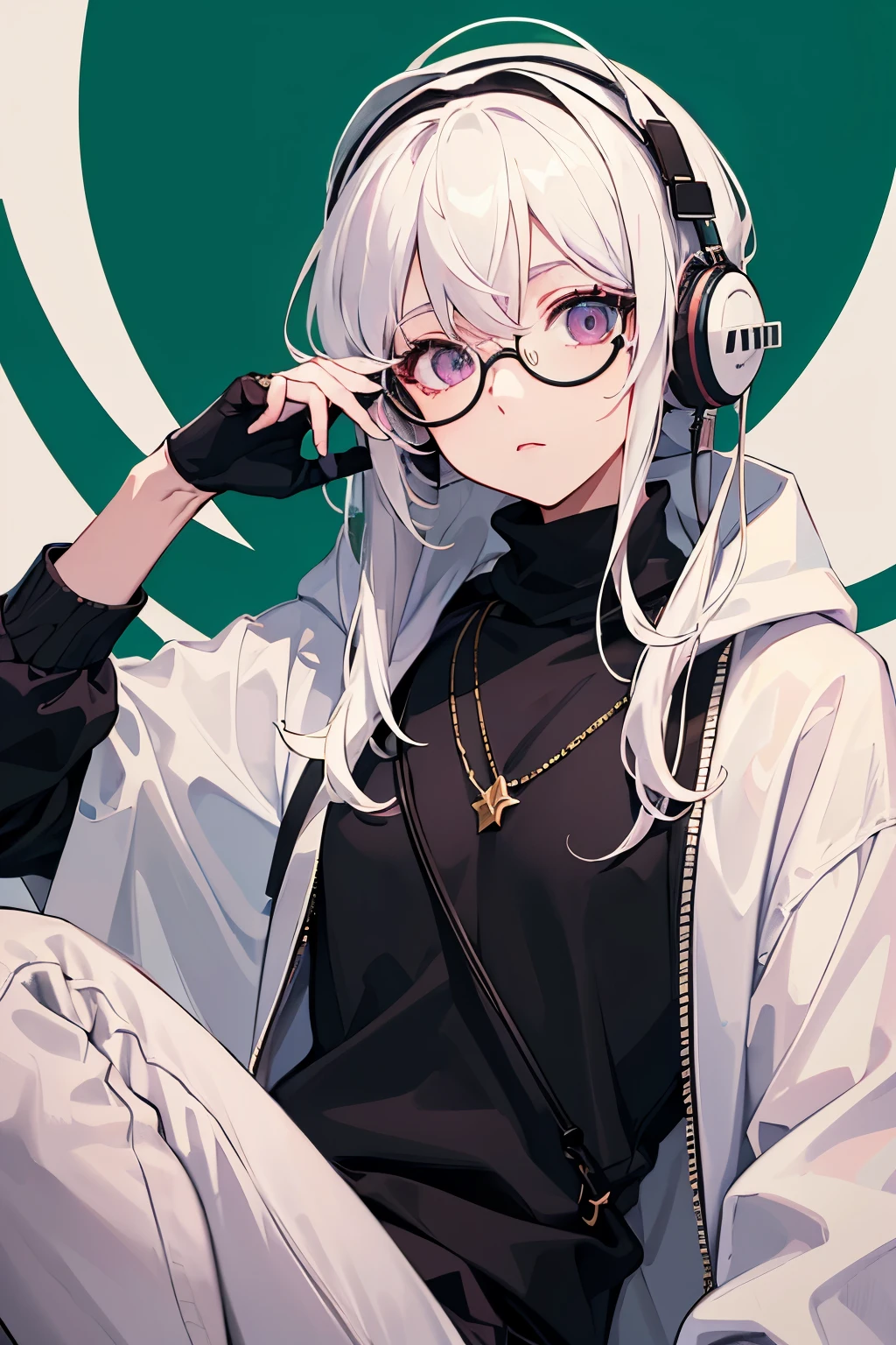 ((highest quality)), ((masterpiece)), (be familiar with), perfect face,white hair,Green mesh,pink droopy eyes,round glasses,black hoodie,headphones,black gloves,turtleneck,alone,icon