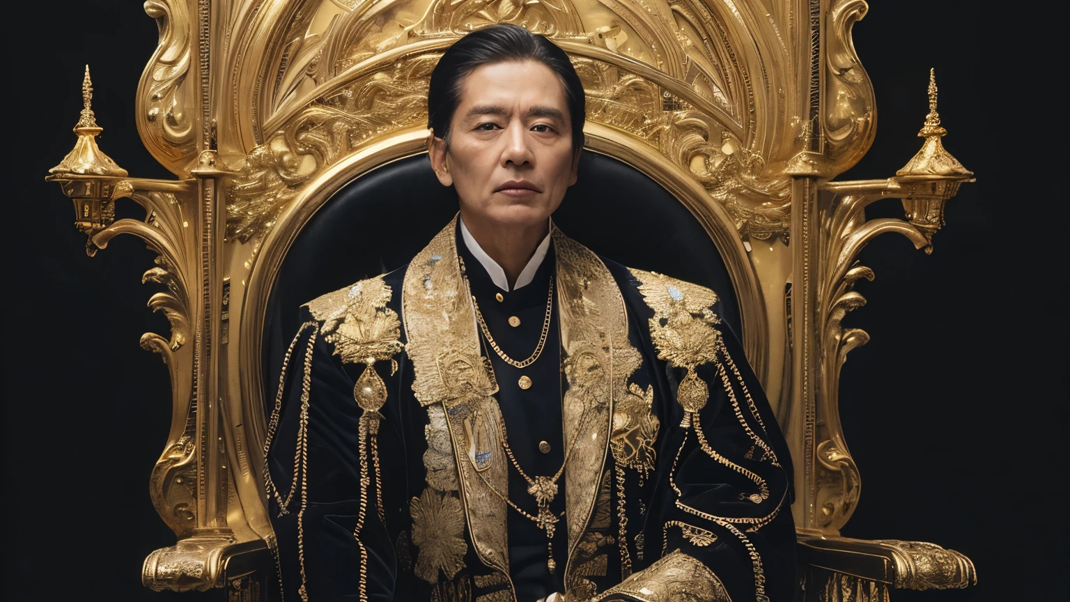 a man with a mountain of money in his back sitting in a golden throne, black and white portrait, old portrait