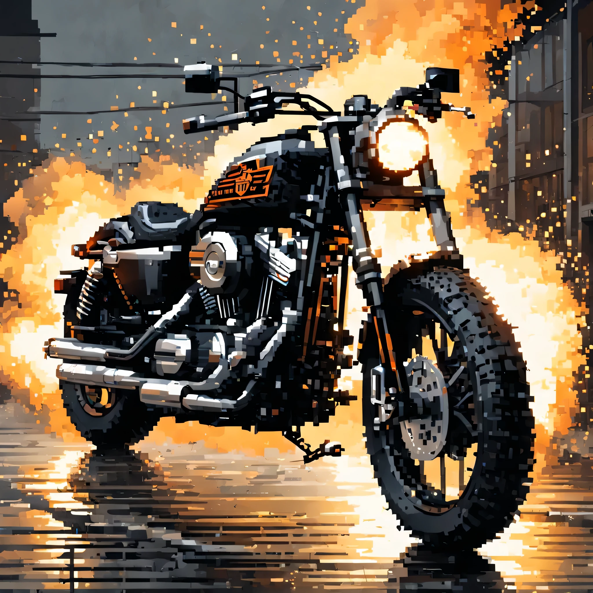 arte de pixel,
((obra de arte)),(((melhor qualidade))),((illustration)),(profundidade de campo:1.2),
Sozinho,dynamic angle,(1 motocicleta:1.3),harley davidson, preta, iron 883 moody lighting, (luz de fundo:1.3),detalhe intrincado,Ciberpunk,,
(exploding pixel particles:1.2),