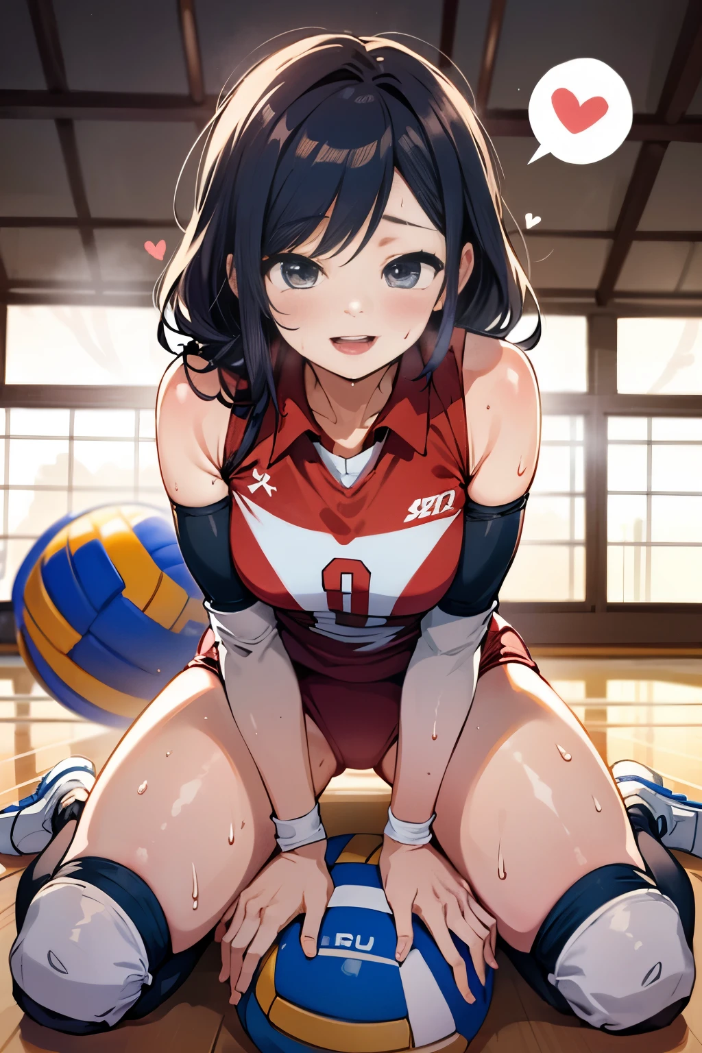 unity 8k wallpaper, anatomically correct, (((masterpiece))), (((best quality))), (((ultra detailed))), (((high-resolution))), ((anime illustration)), ((Ultimate cutie)), anime girl, perfect hands, perfect finger, (((good anatomy))), detailed beautiful face, shiny hair, (((gyaru))), (potbelly), (curvy), medium breasts, ((Thick thighs)), (((solo))), ((seductive smile)), (((blush))), (half open mouth),
BREAK, (((sit astride the perfectly spherical shape 6-inch volleyball))), (((Straddling a perfectly spherical 6" volleyball))), (((Perfectly spherical 6" volleyball fits perfectly crotch))), BREAK, (((Rub the Perfectly spherical 6" volleyball against crotch))),
BREAK, (Collared volleyball uniforms), sleeveless, ((buruma)), ((kneepad)), pussy juice stained, (elbow pad), (((sweat))), (((covered in sweat))), ((deep breathing)), in Volleyball Court, indoor, lighting, looking at viewer, full body, (spoken heart)