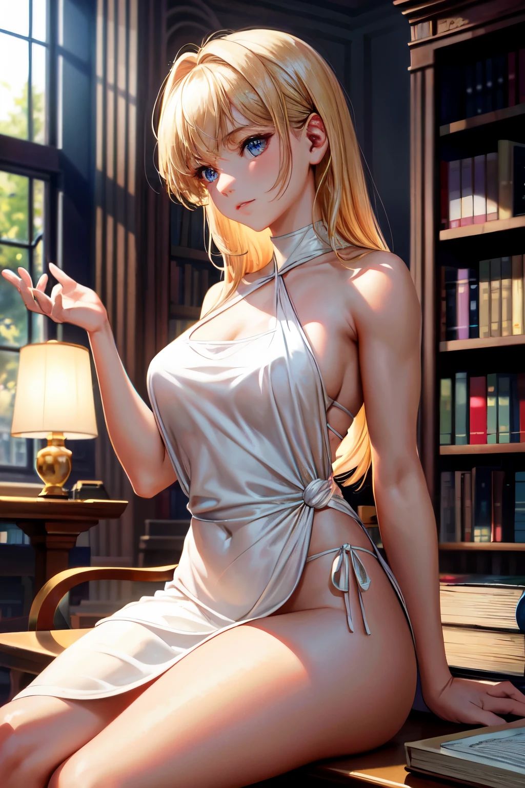 Masterpiece of art, showcasing best quality and finely detailed elements, captured in high resolution. A blonde girl with captivating pink eyes, adorned in a halter top that highlights her fit and slightly muscular physique. Sitting in a cozy room, surrounded by bookshelves filled with literary treasures. Volumetric lighting graces the scene, bathing her figure in a soft, ethereal glow. Best shadows add depth and dimension, creating an atmosphere of tranquility and relaxation. Slightly blurred background from Shallow Depth of Field accentuates the focus on the girl, making her the true focal point of this exquisite piece.