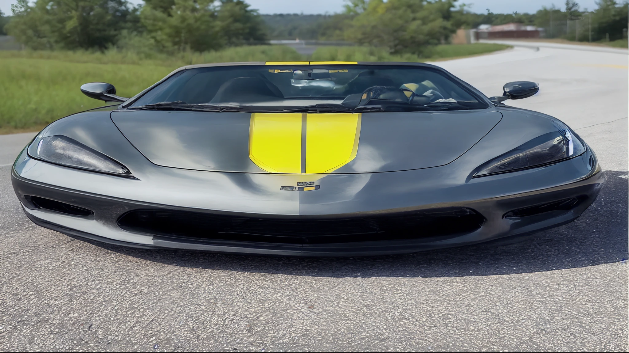 a close up of a car with a yellow hood on a road, front profile shot, full view of a sport car, front on, front of car angle, color picture, front profile, front profile!!!!, top down angle, front perspective, frontal pose, yellow and black trim, 2019, 2 0 1 9, f 2 2, f22