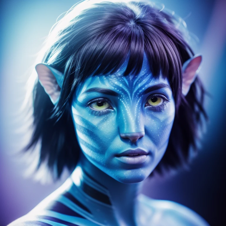 avtr:1.1, avatar style, portrait:1.6, 1girl, female, (blue skin tone:1.0), (short hair:1.0), pixie cut hairstyle, dark brown hair color, 18 years old:1, face wrinkles, wearing tribal clothing, wearing a top, detailed eyes, toned body, muscled body, vibrant colors, glowing, ethereal atmosphere, surrealistic dreamy lighting, textured skin, otherworldly beauty, mesmerizing photography, (best quality, highres), vivid colors, ultrarealistic, skin details, striped skin, sfw, face close-up:0.5, ultradetailed body