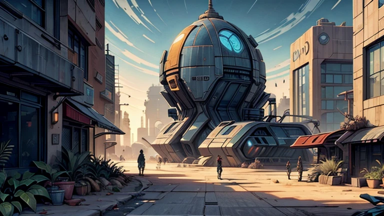 Dystopian desert city street on a different plant with people walking around heavily armed with futuristic guns, futuristic dystopian concept art, hover vehicles, alien plants, various clutter