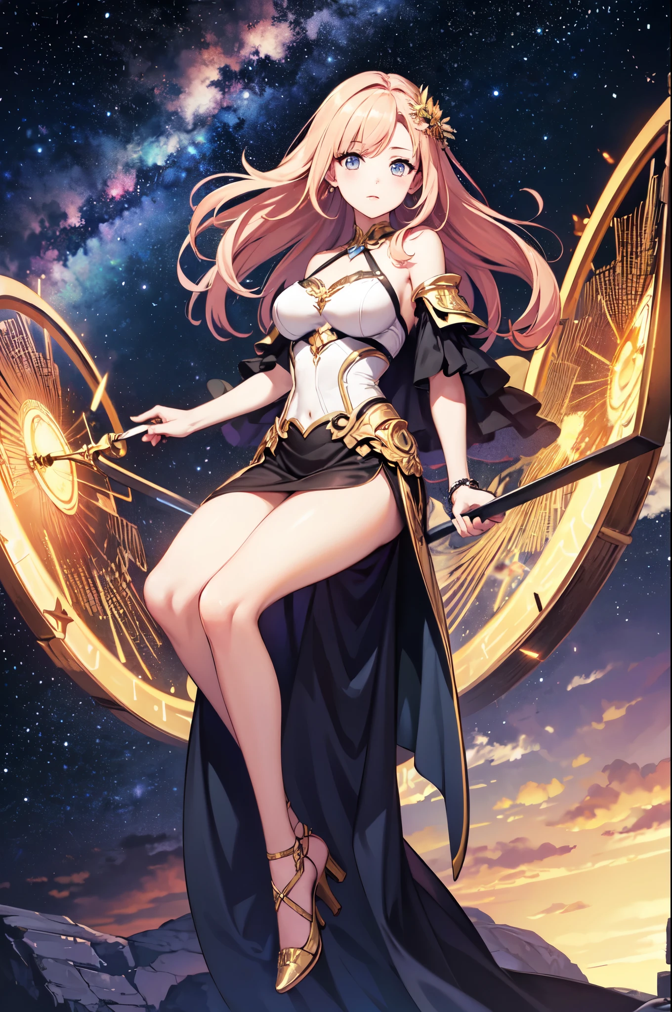 (masterpiece)、(highest quality)、(Super detailed)、(best anatomy)、official art、cute bright haired woman、shoulders are exposed、beautiful breasts、Thigh exposure、Fantastic starry sky