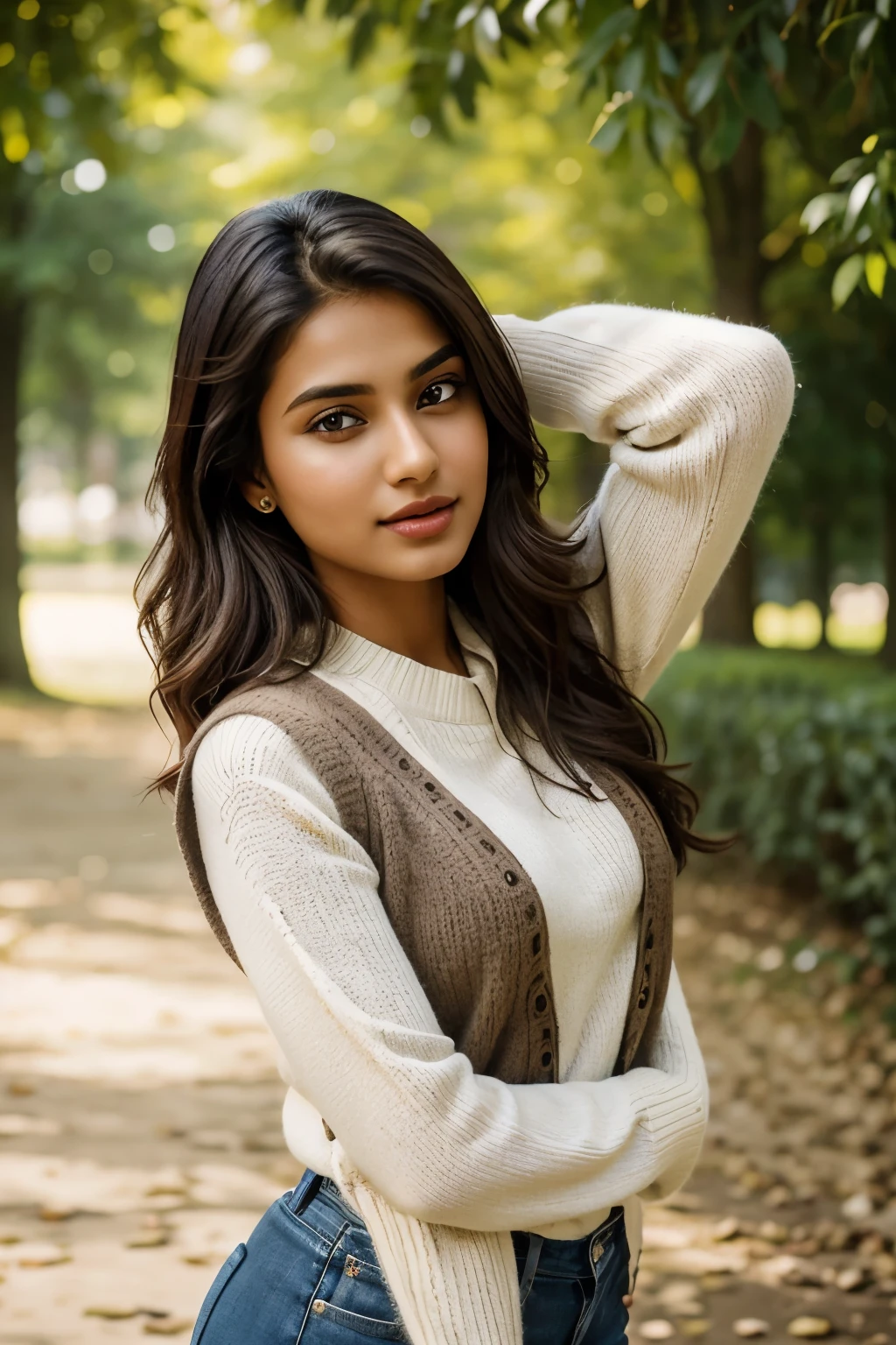 A charming and attractive young Indian girl, aged 23, graces the scene with her lovely brown eyes. Known for her vibrant acting career, she possesses an enchanting aura of cuteness that captivates many. As an Instagram model, she effortlessly balances her Indian heritage with the latest fashion trends. In the image, she dons a sweater vest, embodying the academic aesthetic with grace and ease. The ensemble remains casual, allowing her to flaunt her unique personality as she strikes a pose, captivating the camera with her magnetic charisma. A realistically detailed portrait, this photograph highlights her beautiful brown eyes, full lips, and delicate features, making it a sheer