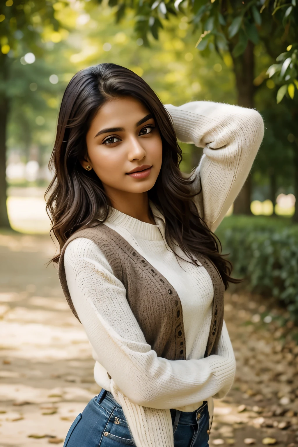 A charming and attractive young Indian girl, aged 23, graces the scene with her lovely brown eyes. Known for her vibrant acting career, she possesses an enchanting aura of cuteness that captivates many. As an Instagram model, she effortlessly balances her Indian heritage with the latest fashion trends. In the image, she dons a sweater vest, embodying the academic aesthetic with grace and ease. The ensemble remains casual, allowing her to flaunt her unique personality as she strikes a pose, captivating the camera with her magnetic charisma. A realistically detailed portrait, this photograph highlights her beautiful brown eyes, full lips, and delicate features, making it a sheer
