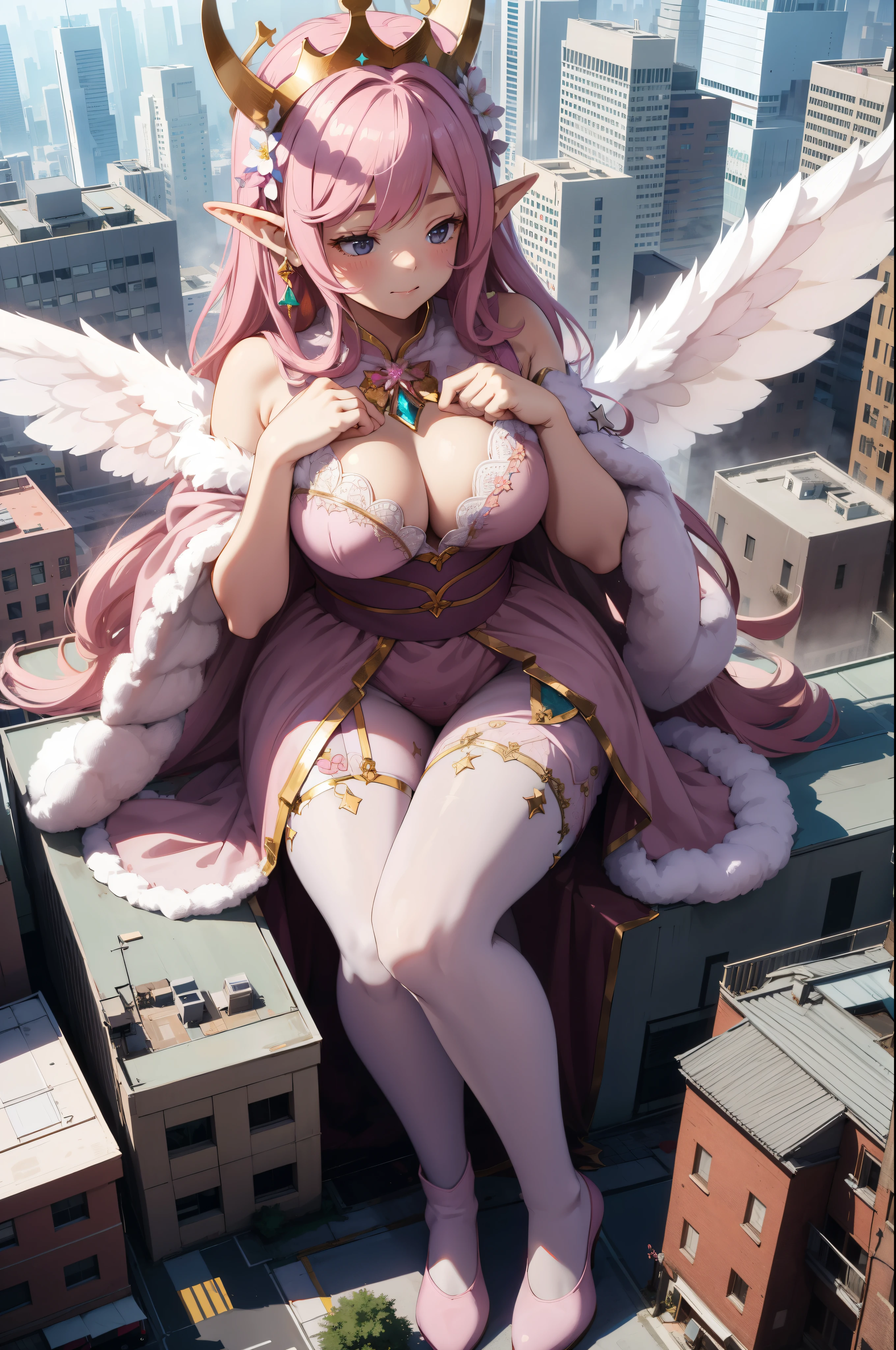 giant girl 50,000 feet high,Weight 1000kg,Has a pair of huge pink angel wings,With huge devil horns on his head,wear a crown on your head,Elf wearing pink earrings,She has long pink hair that reaches her feet,loose hair,Pink wavy long curly hair,Wearing a pair of pink boots on her feet,Pink lace gloves,Pink lace pantyhose,Bow and star embellished tights,粉色蕾丝whole body,Standing tall above the small town,Beautiful appearance,Exquisite makeup,quality,8k,高quality,Perfect proportion, Cinema lighting,film grain,Fuji colors,8k,textured skin,Super details,high detail,high resolution,fake smile,blood stains,脚底有blood stains,whole body,fat,elf princess,feather,flowers,Sitting elegantly on a tall building。