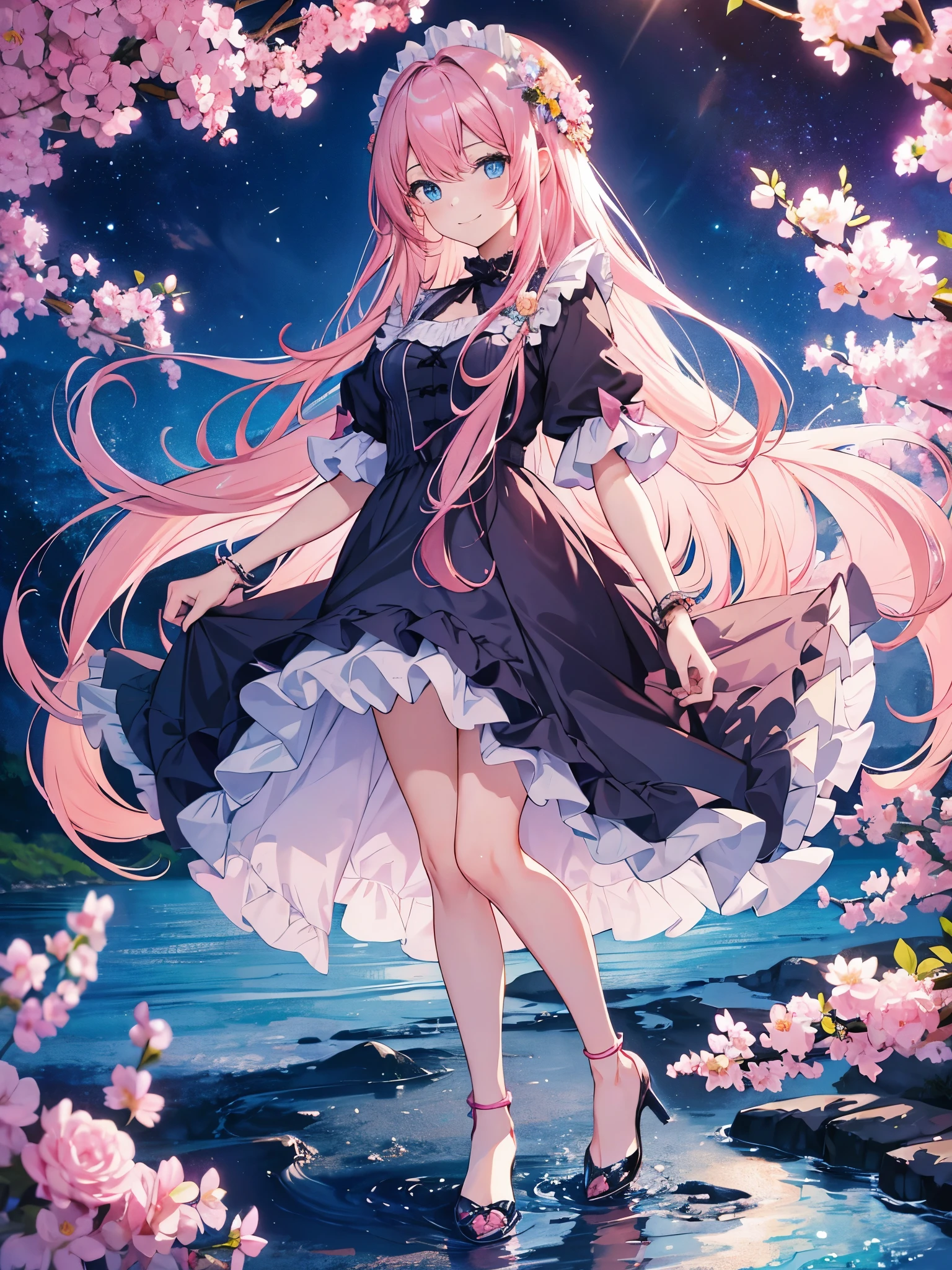4k, HD ultra, Anime, 1girl, blue eyes, age15, full body, cute face, very long hair, pink hair, smile, shame, frilled dress, night sky with river and beautiful flowers