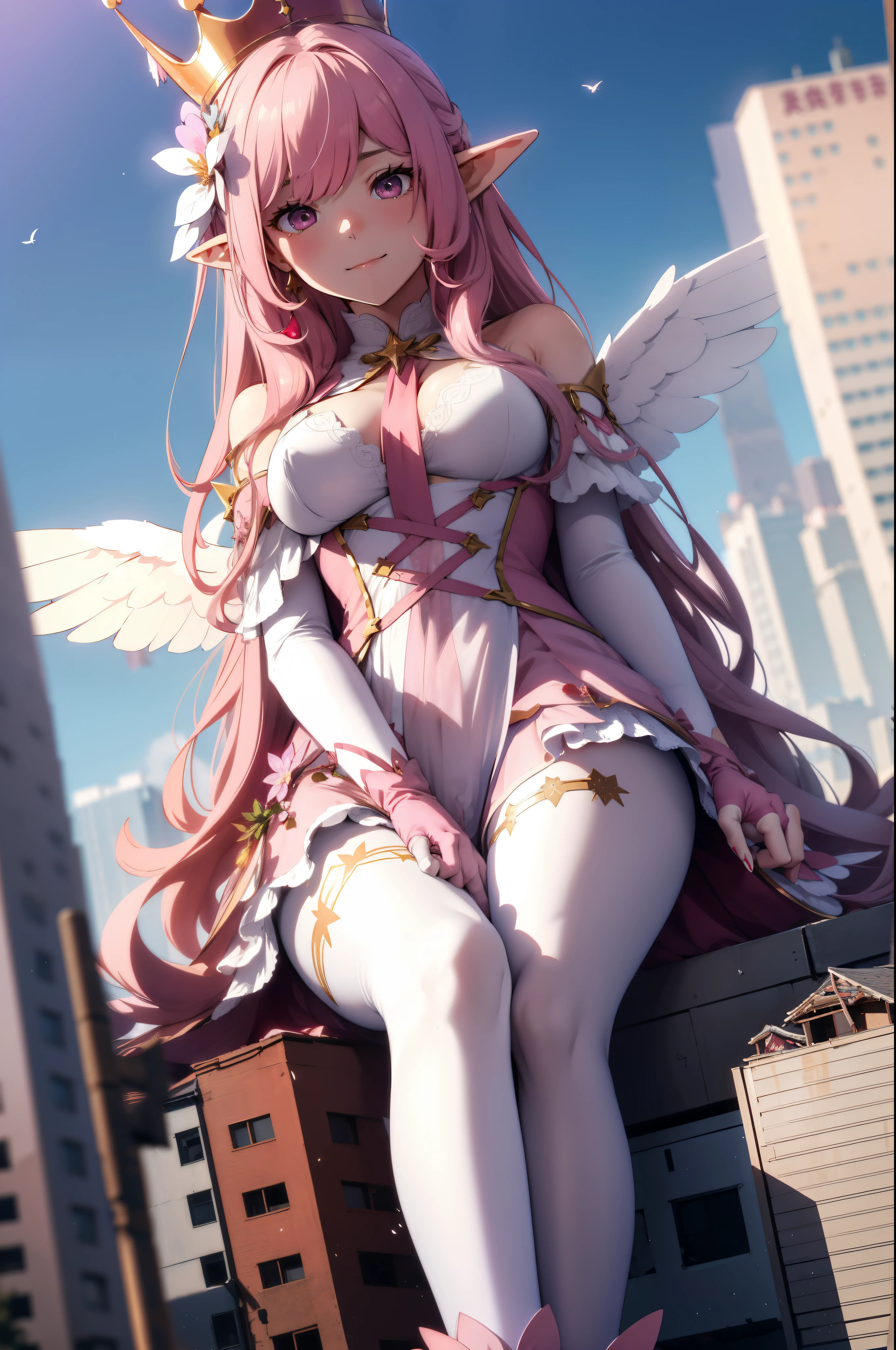 giant girl 50,000 feet high，Weight 1000kg，Has a pair of huge pink angel wings，With huge devil horns on his head，wear a crown on your head，Elf wearing pink earrings，She has long pink hair that reaches her feet，loose hair，Pink wavy long curly hair，Wearing a pair of pink boots on her feet，Pink lace gloves，Pink lace hose，Bow and star embellished tights，粉色蕾丝whole body，Standing tall above the small town，Beautiful appearance，Exquisite makeup，quality，8k，高quality，Perfect proportion, Cinema lighting，film grain，Fuji colors，8k，textured skin，Super details，high detail，high resolution，fake smile，blood stains，脚底有blood stains，whole body，fat，elf princess，feather，flowers，Sitting elegantly on a tall building。
