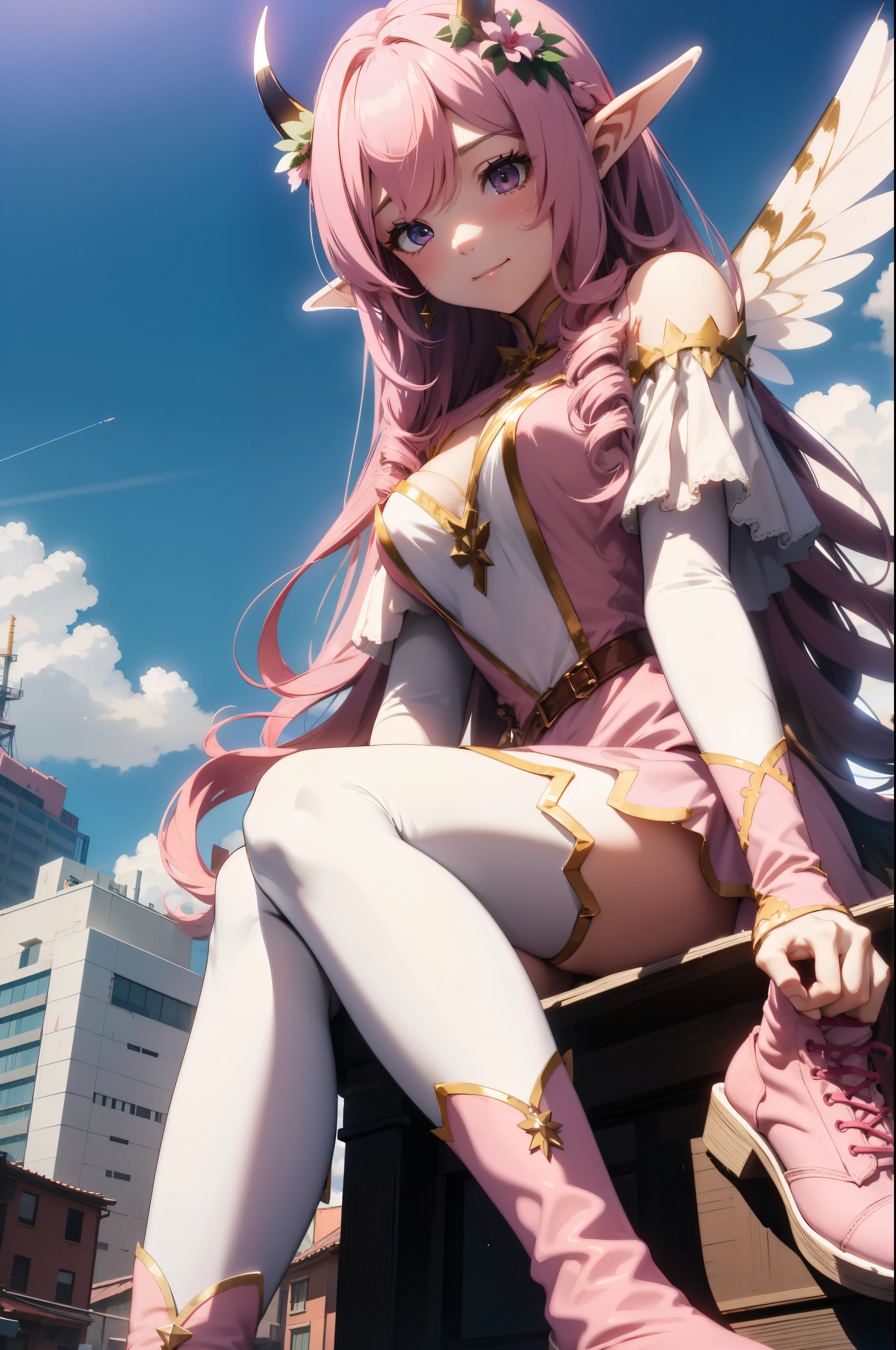 giant girl 50,000 feet high，Weight 1000kg，Has a pair of huge pink angel wings，With huge devil horns on his head，wear a crown on your head，Elf wearing pink earrings，She has long pink hair that reaches her feet，loose hair，Pink wavy long curly hair，Wearing a pair of pink boots on her feet，Pink lace gloves，Pink lace pantyhose，Bow and star embellished tights，粉色蕾丝whole body，Standing tall above the small town，Beautiful appearance，Exquisite makeup，quality，8k，高quality，Perfect proportion, Cinema lighting，film grain，Fuji colors，8k，textured skin，Super details，high detail，high resolution，fake smile，blood stains，脚底有blood stains，whole body，fat，elf princess，feather，flowers，Sitting elegantly on a tall building。