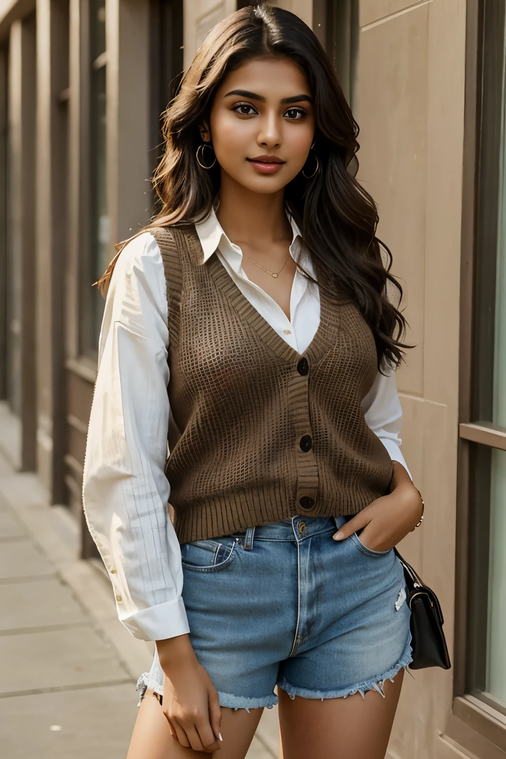A charming and attractive young Indian girl, aged 23, graces the scene with her lovely brown eyes. Known for her vibrant acting career, she possesses an enchanting aura of cuteness that captivates many. As an Instagram model, she effortlessly balances her Indian heritage with the latest fashion trends. In the image, she dons a sweater vest, embodying the academic aesthetic with grace and ease. The ensemble remains casual, allowing her to flaunt her unique personality as she strikes a pose, captivating the camera with her magnetic charisma. A realistically detailed portrait, this photograph highlights her beautiful brown eyes, full lips, and delicate features, making it a sheer