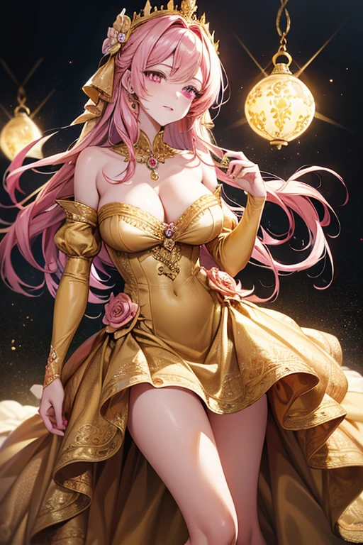 extremely detailed, solo, perfect face, pretty face, highly detailed face,(muste piece), (best quality)、Woman in gold dress, wearing a dress of gossamer gold, Medieval dress yellow ocher, golden dress, ((dress in the style of rococo))、 Royal Gown, The most beautiful woman in the world、best style、perfect style、big breasts、thigh、beautiful legs、(pink hair、pink eyes)
