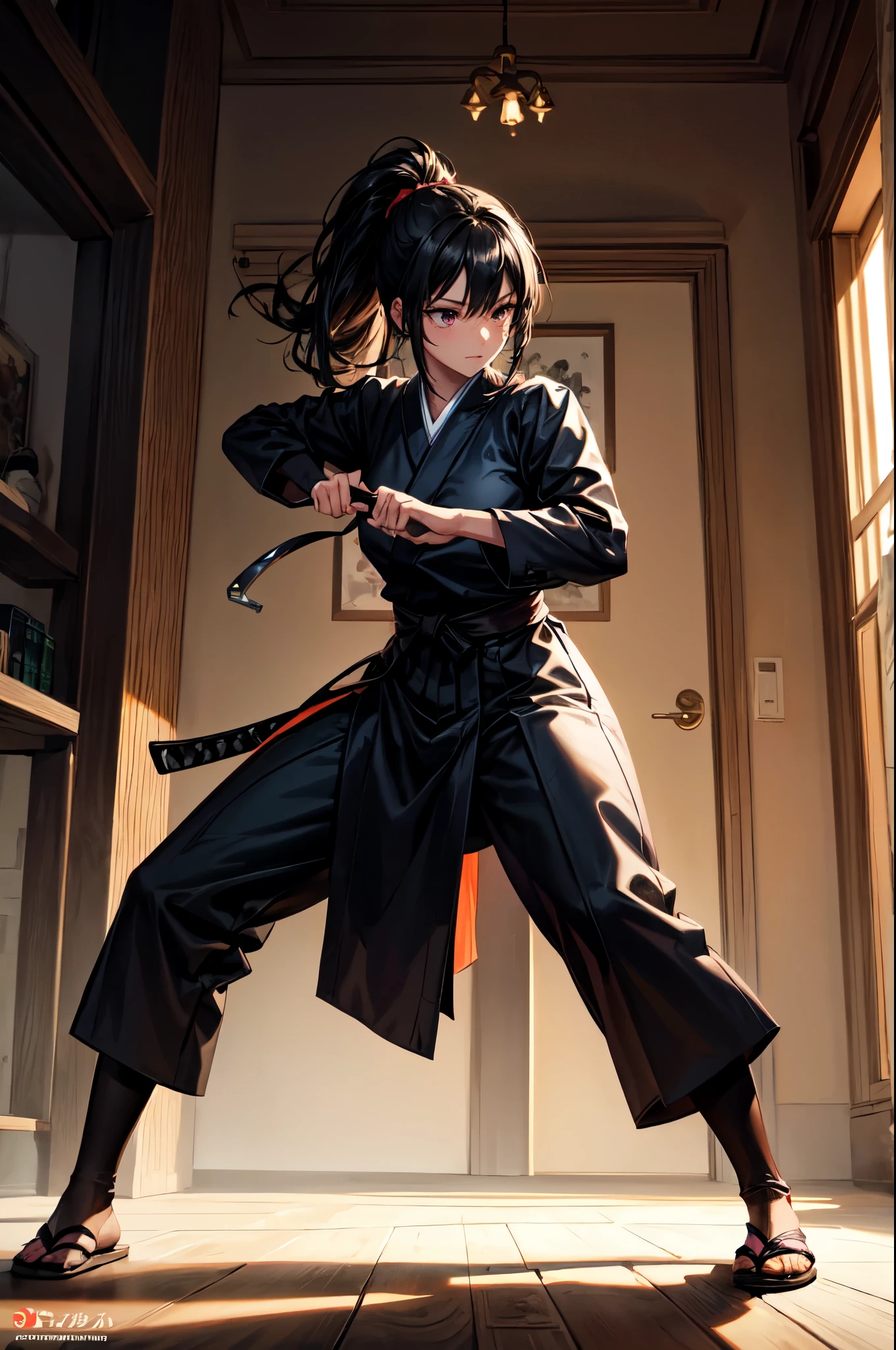 A Japanese ninja woman sneaks into a mansion to carry out a mission, is spotted by a guard and prepares for battle, A Japanese ninja woman, sneaking into a mansion to carry out a mission, in a fighting stance in the mansion's garden, with a dagger drawn, in a low stance, night, black hair, ponytail, shiny hair, beautiful face, beautiful eyes, cinematic lighting, super fine illustration, masterpiece, 8k, best quality, super detailed, Ghibli-esque shades, highres, warm lighting, jet black world