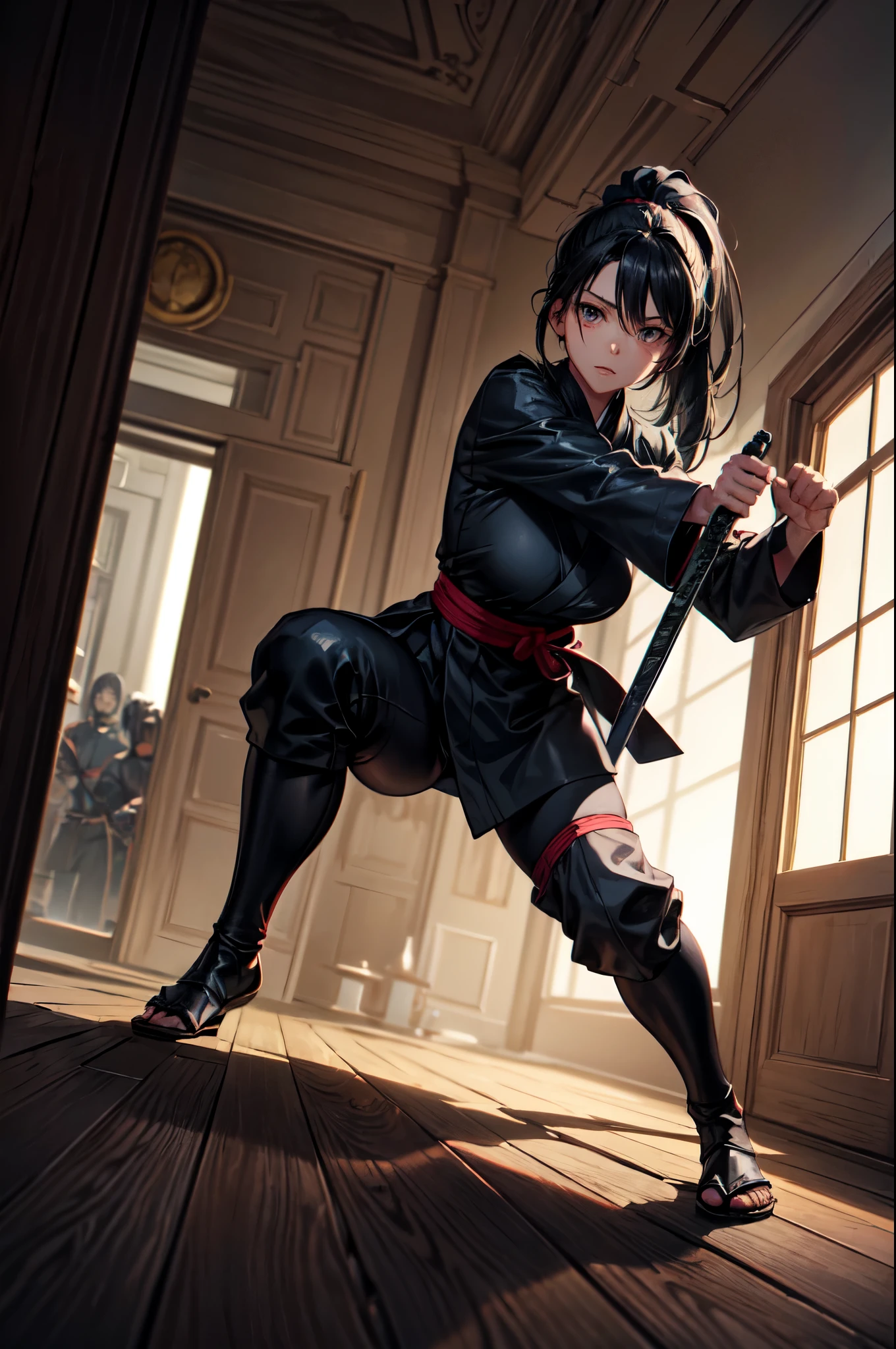 japanese ninja woman sneaks into a mansion to carry out a mission, Discovered by guards and prepare for battle, japanese ninja woman, Sneak into the mansion to complete the mission, Ready for battle in the garden of the mansion, with the sword drawn, in a low position, night, black hair, ponytail, shiny hair, beautiful face, beautiful eyes, cinematic lighting, super fine illustration, masterpiece, 8K, highest quality, Super detailed, Ghibli-like colors, High resolution, warm lighting, jet black world