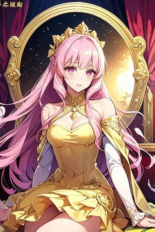 extremely detailed, solo, perfect face, pretty face, highly detailed face,(muste piece), (best quality)、Woman in gold dress, wearing a dress of gossamer gold, Medieval dress yellow ocher, golden dress, ((dress in the style of rococo))、 Royal Gown, The most beautiful woman in the world、best style、perfect style、big breasts、thigh、beautiful legs、(pink hair、pink eyes)