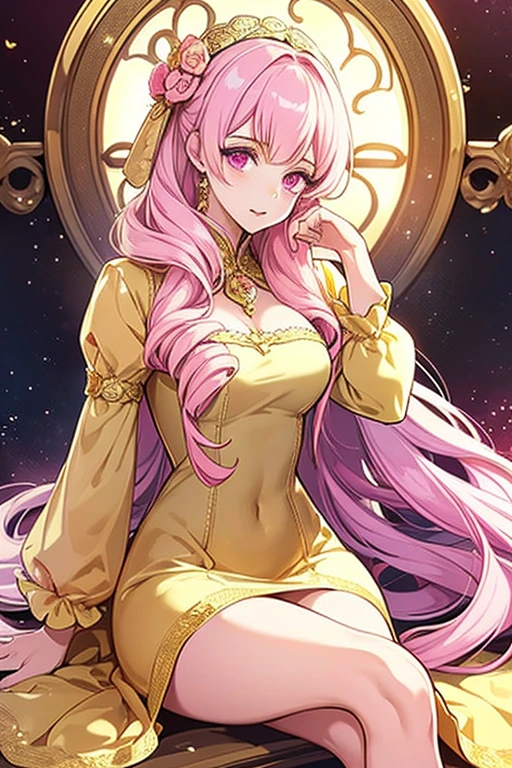 extremely detailed, solo, perfect face, pretty face, highly detailed face，(muste piece), (best quality)、Woman in gold dress, wearing a dress of gossamer gold, Medieval dress yellow ocher, golden dress, ((dress in the style of rococo))、 Royal Gown, The most beautiful woman in the world、best style、perfect style、big breasts、thigh、beautiful legs、(pink hair、pink eyes)