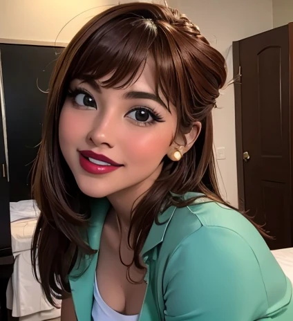 retrato de la cara, Hermoso rostro, sonriente, By the chestnut, ojos verdes, pelo lacio, cola de caballo larga, aretes de aro, ((MAQUILLAJE MUY INTENSO)), ((Glossy lipstick)), Back, camiseta negra, Brown blazer, brown skirt, Hermosas nalgas, obra maestra, Mejor calidad, 1 chica, Solo, 1 hembra