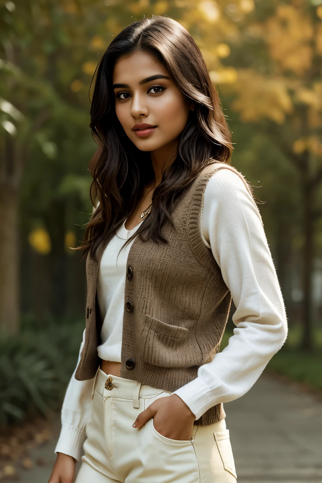 A charming and attractive young Indian girl, aged 23, graces the scene with her lovely brown eyes. Known for her vibrant acting career, she possesses an enchanting aura of cuteness that captivates many. As an Instagram model, she effortlessly balances her Indian heritage with the latest fashion trends. In the image, she dons a sweater vest, embodying the academic aesthetic with grace and ease. The ensemble remains casual, allowing her to flaunt her unique personality as she strikes a pose, captivating the camera with her magnetic charisma. A realistically detailed portrait, this photograph highlights her beautiful brown eyes, full lips, and delicate features, making it a sheer