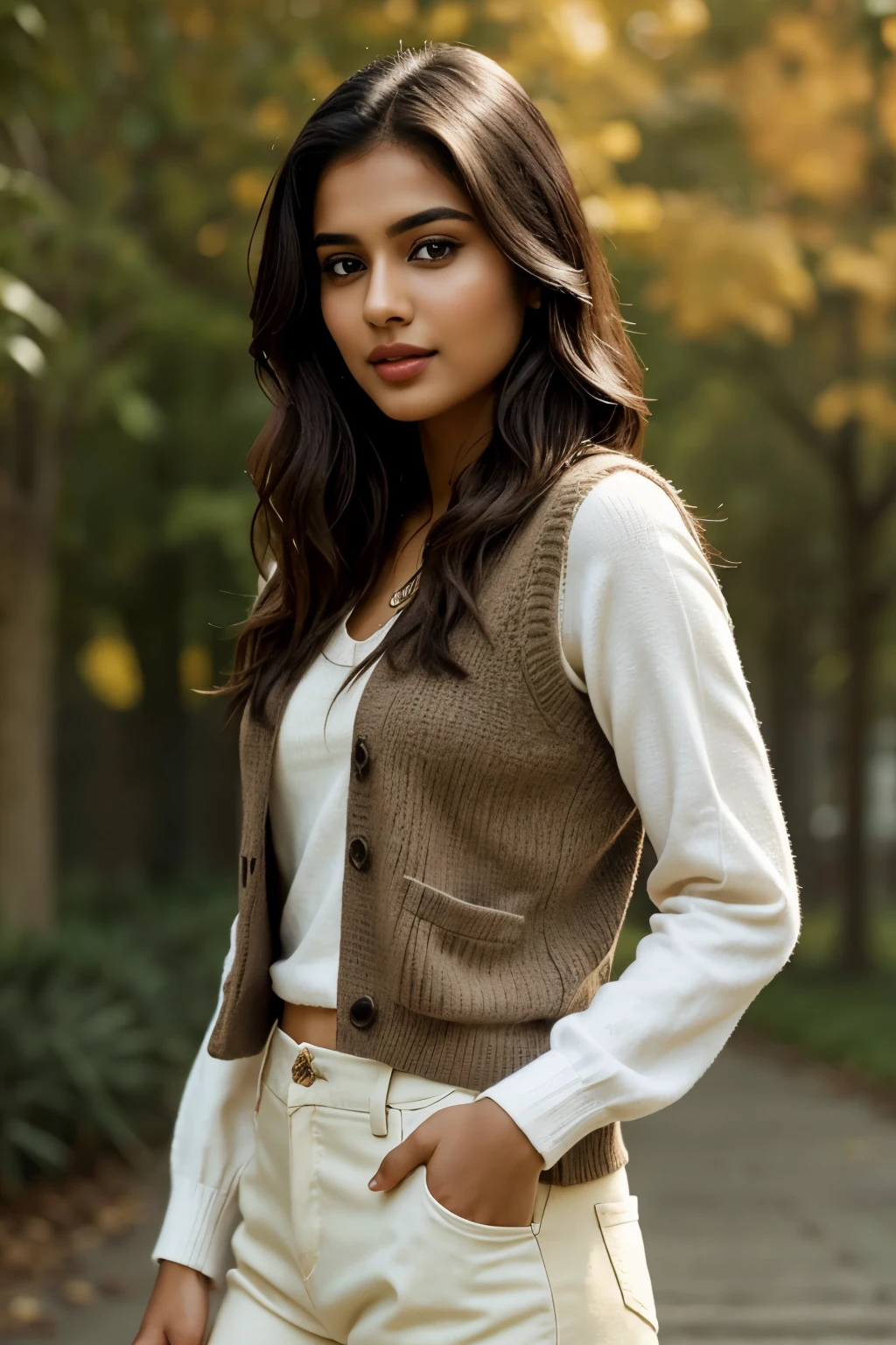 A charming and attractive young Indian girl, aged 23, graces the scene with her lovely brown eyes. Known for her vibrant acting career, she possesses an enchanting aura of cuteness that captivates many. As an Instagram model, she effortlessly balances her Indian heritage with the latest fashion trends. In the image, she dons a sweater vest, embodying the academic aesthetic with grace and ease. The ensemble remains casual, allowing her to flaunt her unique personality as she strikes a pose, captivating the camera with her magnetic charisma. A realistically detailed portrait, this photograph highlights her beautiful brown eyes, full lips, and delicate features, making it a sheer
