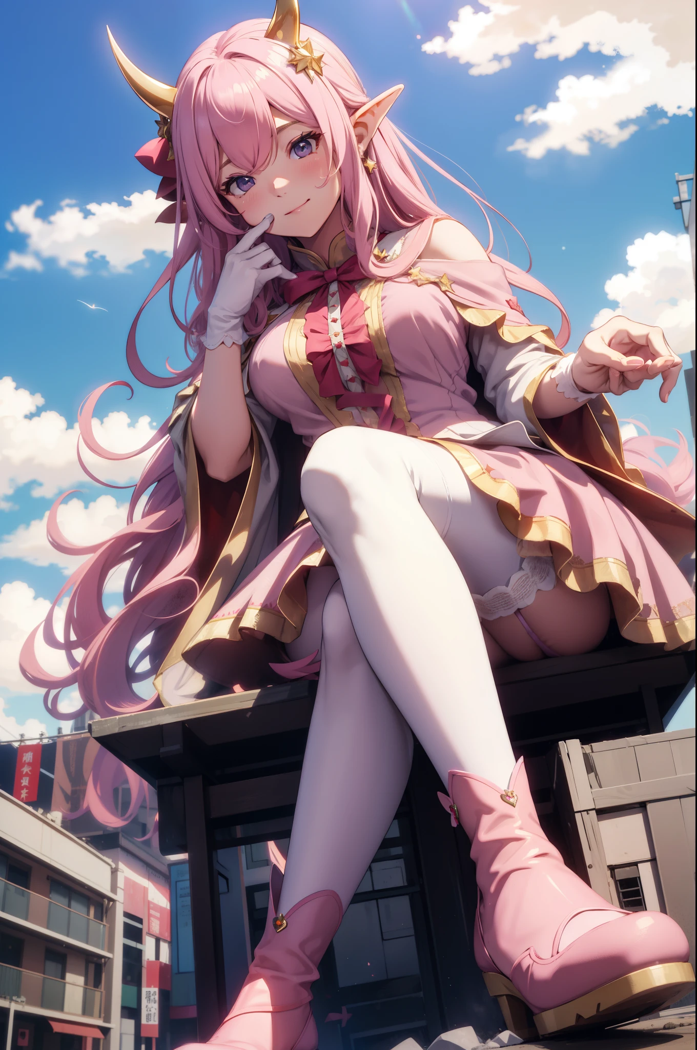 giant girl 50,000 feet high，Weight 1000kg，Has a pair of huge pink angel wings，With huge devil horns on his head，crown on head，Elf wearing pink earrings，She has long pink hair that reaches her feet，loose hair，Pink wavy long curly hair，Wearing a pair of pink boots，Pink lace gloves，Pink lace pantyhose，Pantyhose with bow and star decorations，粉色蕾丝whole body，Standing upright on a small city，Beautiful appearance，Exquisite makeup，quality，8k，高quality，Perfect proportion, Cinema lighting，film grain，Fuji colors，8k，textured skin，Super details，high detail，high resolution，fake smile，blood stains，脚底有blood stains，whole body，Obese，elf princess，feather，flowers，Sitting elegantly on a tall building。