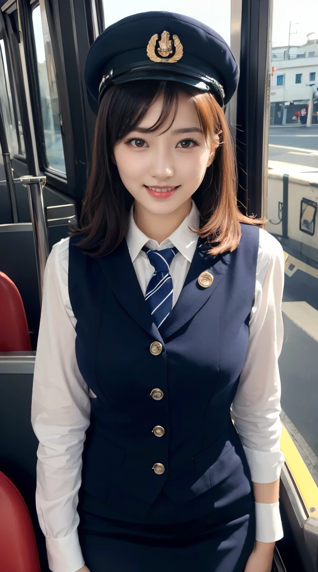 (((full body,including legs)))、(((perfect uniform of Japanese stewardess, blue striped necktie, vest-dress uniform、small hat, white formal short gloves,(black high-heel), (((with a small flag in one hand))),bus guide,日本のバスガイド、little smile,white blouse,tight blouse)))、(((navy bowler hat),navy hat)), white gloves, short gloves, high heel、Dressed up、(Photo real:1.4)、(A hyper-realistic:1.4)、(Photorealistic:1.3)、 (gentle lighting: 1.05)、(Improve the lighting quality of your video:0.9)、32k、 1Girl、28years old girl、photorealistic lighting、Back lighting、Facial Lights、Ray Trace、(bright:1.2)、(Increase quality:1.4)、 (best quality real texture skin)、Fair eyes,Delicate and delicate face, Close-up of the breasts, white blouse,tight blouse,tight vest-dress uniform, (Bodyline mood improvement:1.1)、goofigure,Glossy skin、wavy hair,blonde hair,韓国アイドル、乃木坂アイドル、Sculptural Idol Pose、little smile,blush,Beautiful actress、Neat woman,whole body, (((midium breasts,beautiful breasts))),(perfect row of teeth),slender waist and hip,beautiful long legs,full shot)、((8heads tall))、(((誘惑している、恥ずかしい)))、dynamic pose,gravure pose,(eye shadow),((red cheek、red lips)),Super Clean Night View、night time、blush,little smile,(((full shot)))、(((in the bus))),