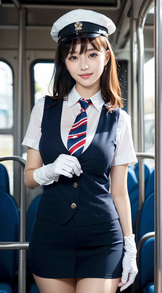 1 female、alone、(super beautiful)、(beautiful face:1.5)、bus guide、(spread your legs)、(show me your white panties:1.1)、bus guideユニフォーム、(white collared shirt:1.5)、(Tailored jacket:1.4)、(mini skirt:1.3)、(Satin scarf:1.5)、(Thin white gloves)、high heels、have、(Bus seats)、(At SFW:1.6)