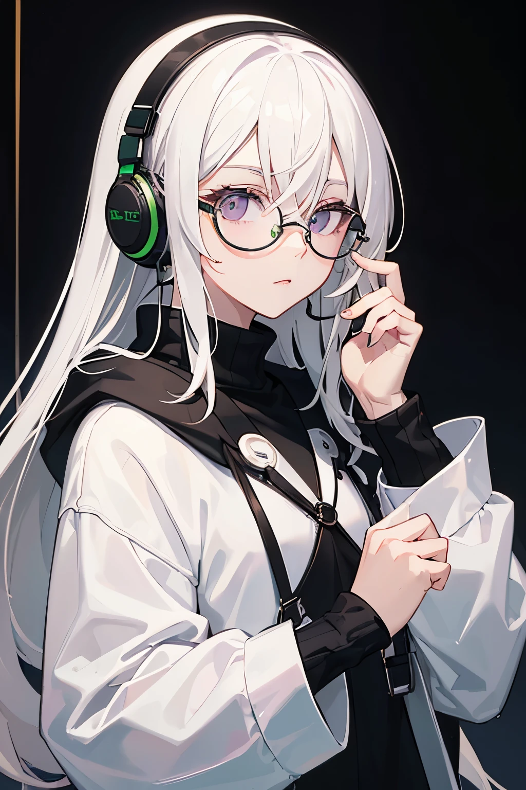 ((highest quality)), ((masterpiece)), (be familiar with), perfect face,white hair,Green mesh,pink droopy eyes,round glasses,black hoodie,headphones,black gloves,turtleneck,alone,icon