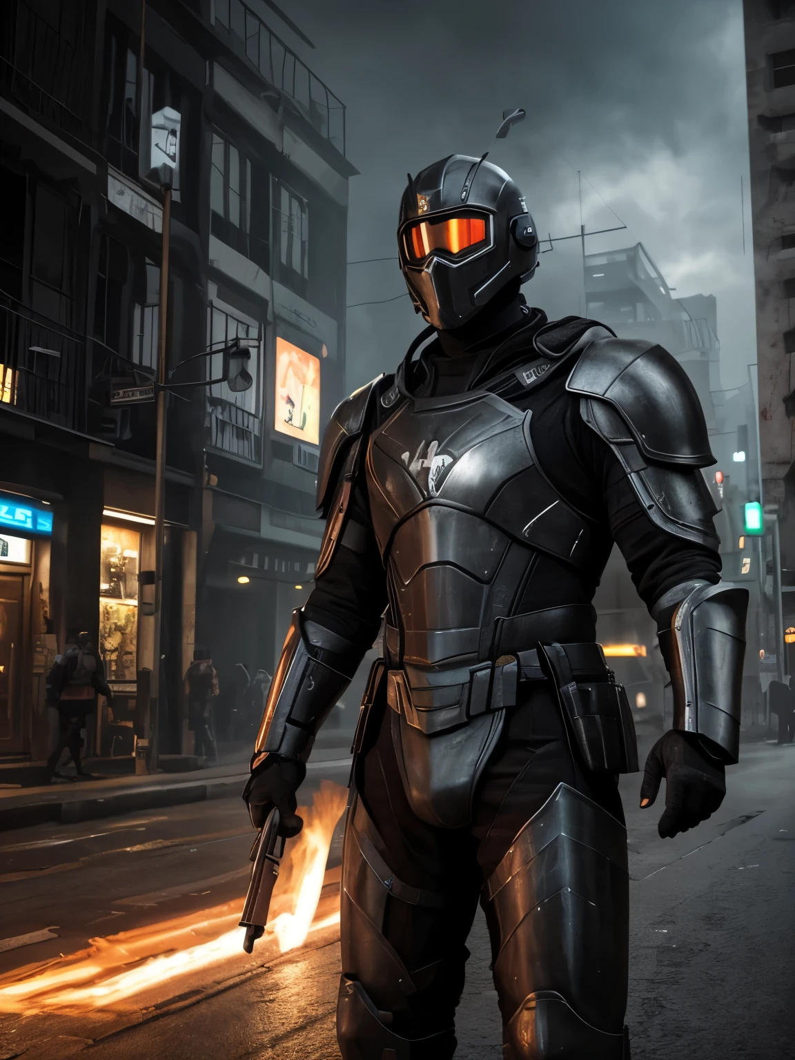 hyperrealistic dark photoshot of indonesian ((slaughter)), mask, helmet, carbon black glasses, M16, bluster, posing, agressive view, acsonometric direction, futuristic architecture, wet jakarta city background, overdetailed texture, hdr+, 8k, QHD, backlighting, glow, unreal engine, dynamic lighting, beautyfull refraction, ((low-key lighting, dimly light)), (((intricate electric components surface texture covering armor))), saturated colors, vignette