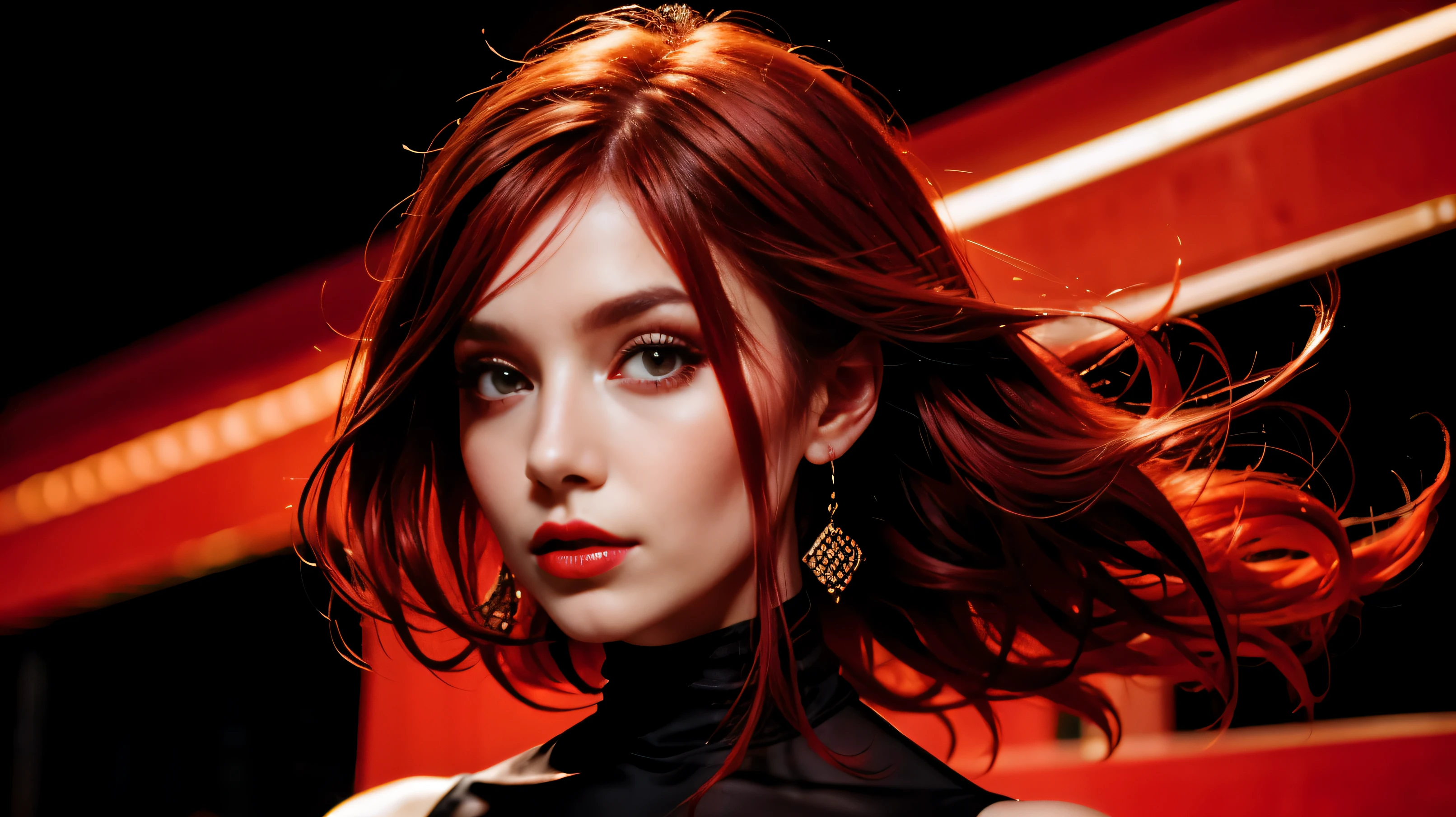 Mulher, vestido preto, Lindo, Apaixonado, inventar, cabelo vermelho, foco no rosto
