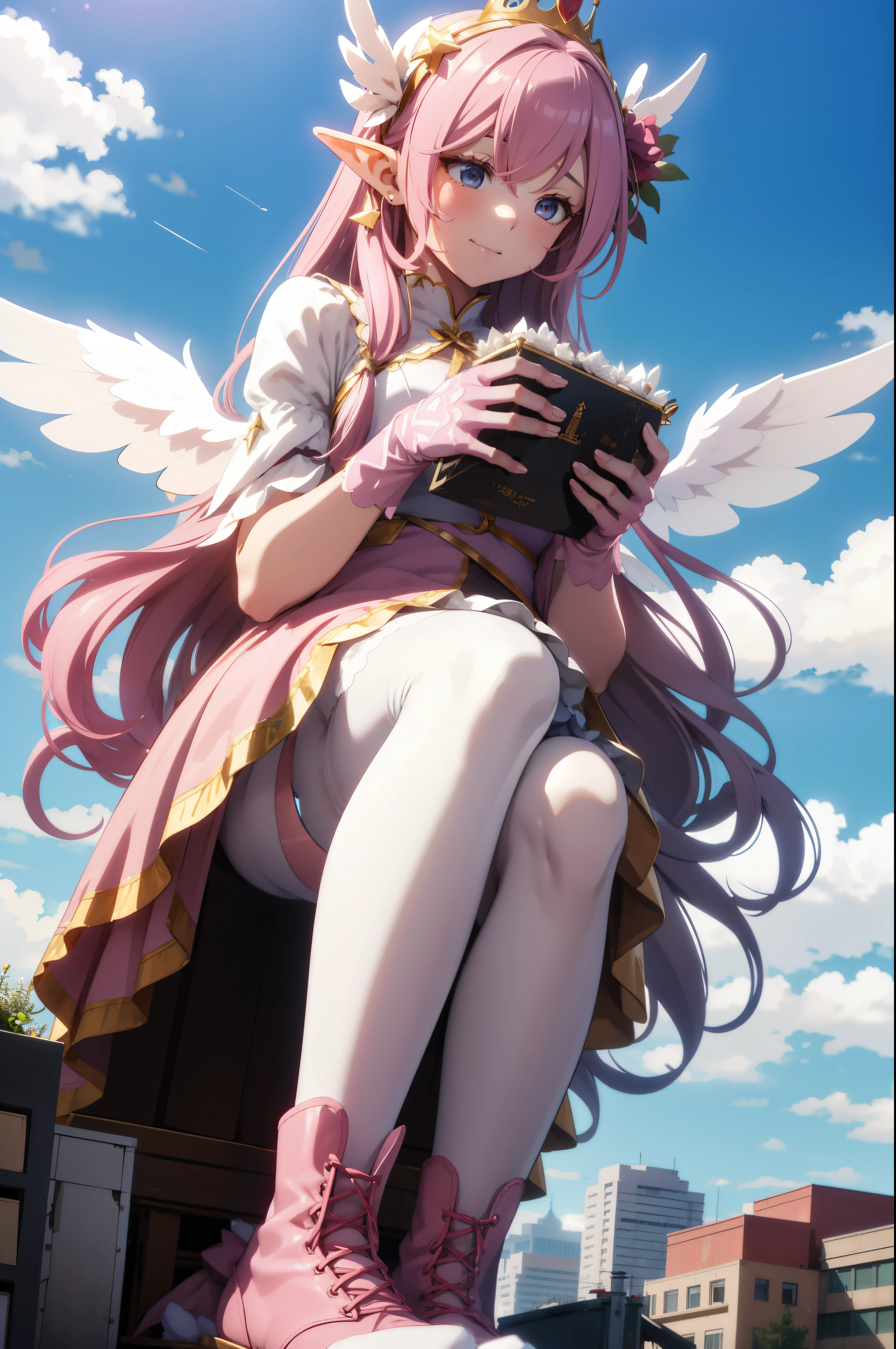giant girl 50,000 feet high,Weight 1000kg,Has a pair of huge pink angel wings,With huge devil horns on his head,crown on head,Elf wearing pink earrings,She has long pink hair that reaches her feet,loose hair,Pink wavy long curly hair,Wearing a pair of pink boots,Pink lace gloves,Pink lace pantyhose,Pantyhose with bow and star decorations,粉色蕾丝whole body,Standing upright on a small city,Beautiful appearance,Exquisite makeup,quality,8k,高quality,Perfect proportion, Cinema lighting,film grain,Fuji colors,8k,textured skin,Super details,high detail,high resolution,fake smile,blood stains,脚底有blood stains,whole body,Obese,elf princess,feather,flowers,Sitting elegantly on a tall building。