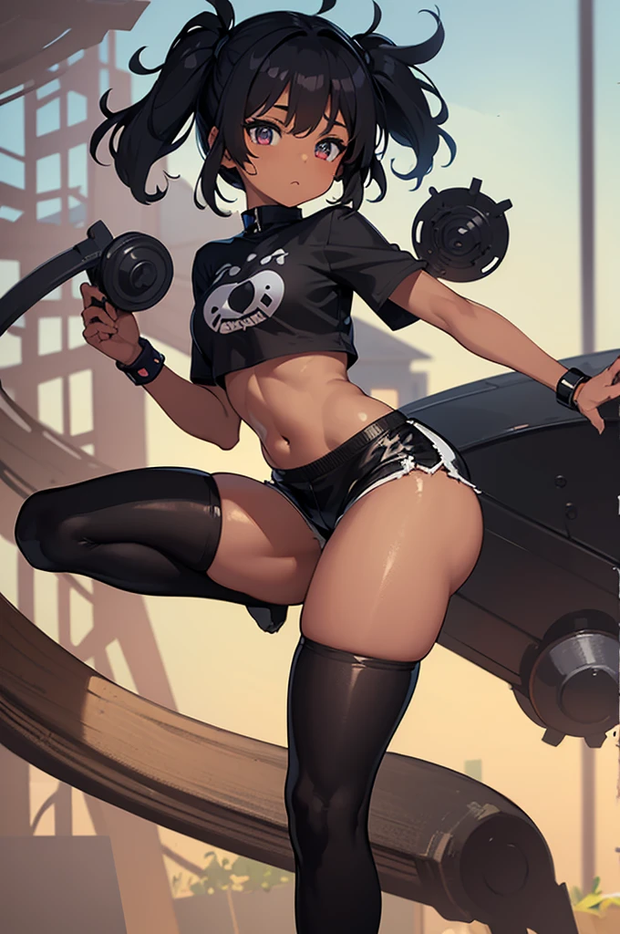 (masterpiece, best quality:1.2) Loli, navel, black skin, dark skin, thick tights, big butt, short shorts, crop top, 