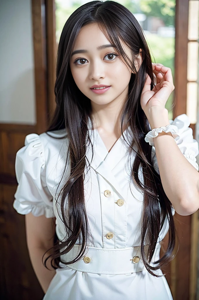 NSFW, 8K, Raw photography, top-quality, ​(masterpiece:1.2), (((realistic, Photorealistic))), is standing, Nogizaka46, (((Nagi Inoue))), (1girl, dark brown long hair, Japanese idol, young face, kind face, big brown eyes, (detailed eyes), Drooping eyes, long eyelashes, double eyelid, tear bag, duck mouth, plump lips, glossy lips, fine skin, 18years old), smile, idol costume, close up,
