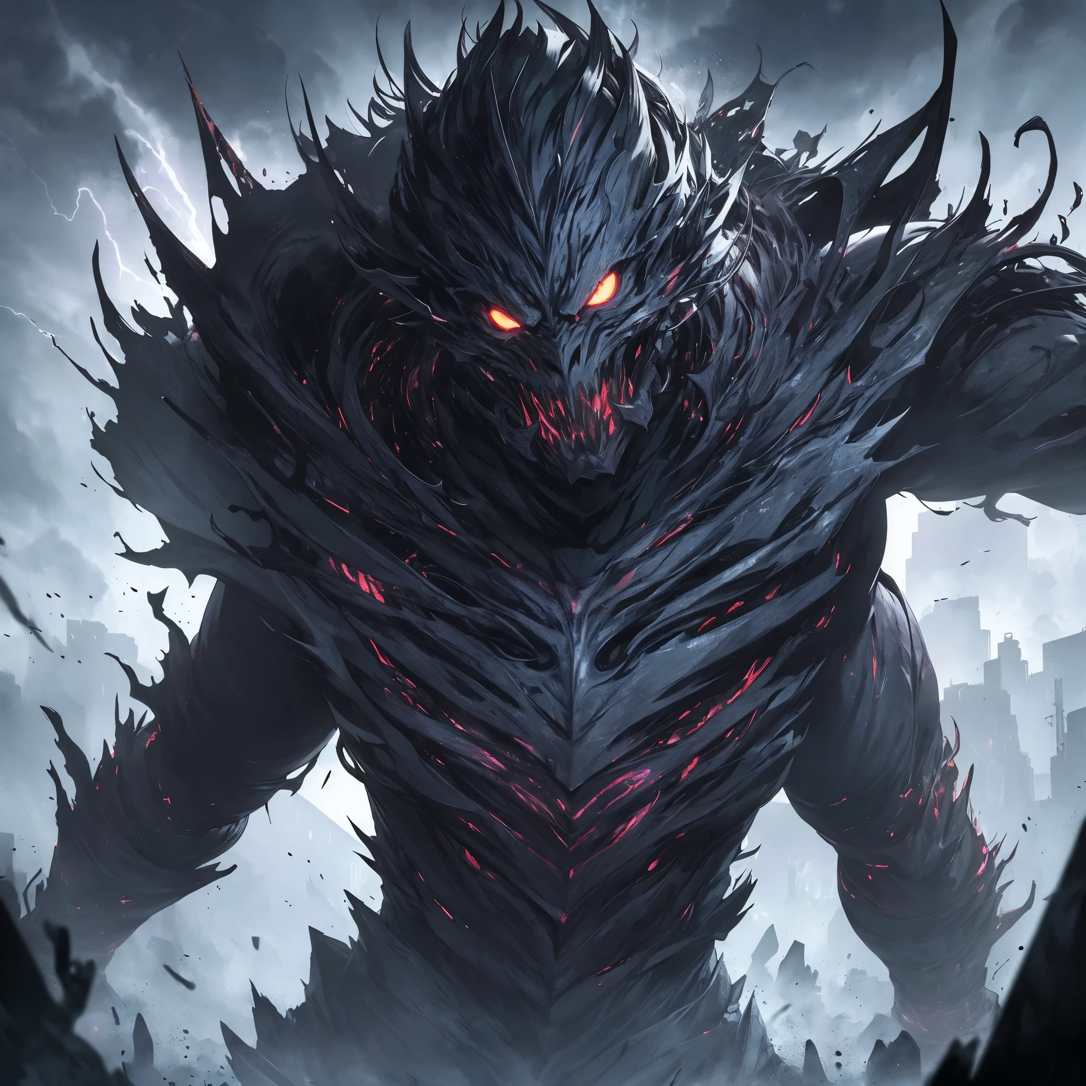 (best quality,ultra-detailed,highres:1.2),darkness,deep darkness,ominous atmosphere,monster with lightning,abominable creature,highly detailed,multiple light sources with particles,sharp contrast,body covered in scales,glowing eyes,intense shadows,ominous aura,electricity surging through its body,vivid colors,thunderstorm background,stormy clouds,terrifying presence,monstrous silhouette,unearthly,creature emerging from the darkness,menacing expression,electric sparks illuminating the scene,fierce and powerful,ominous glow,monstrous creature's face emerging from the shadows,dynamic composition,impressive and unsettling scene,thunderbolts striking the creature,dramatic lighting,creating a sense of fear and awe,striking visual impact,horror and intensity blended together,awe-inspiring power,creating an atmosphere of suspense and anticipation.