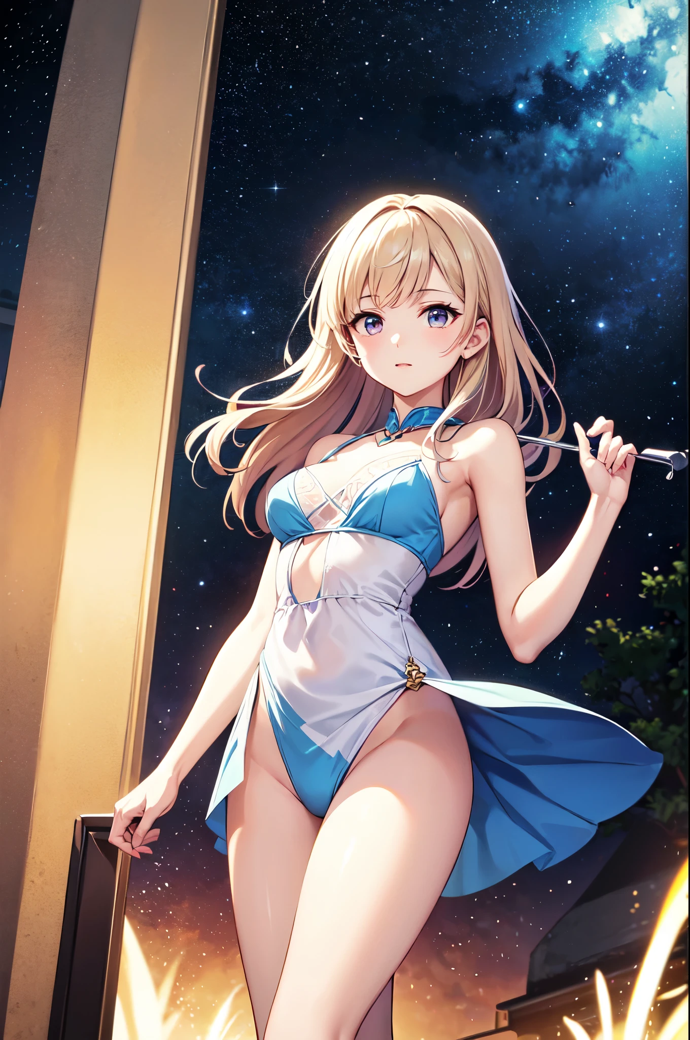 (masterpiece)、(highest quality)、(Super detailed)、(best anatomy)、official art、pretty girl、Lori with light-colored hair、Petite girl、shoulders are exposed、beautiful breasts、Thigh exposure、Fantastic starry sky