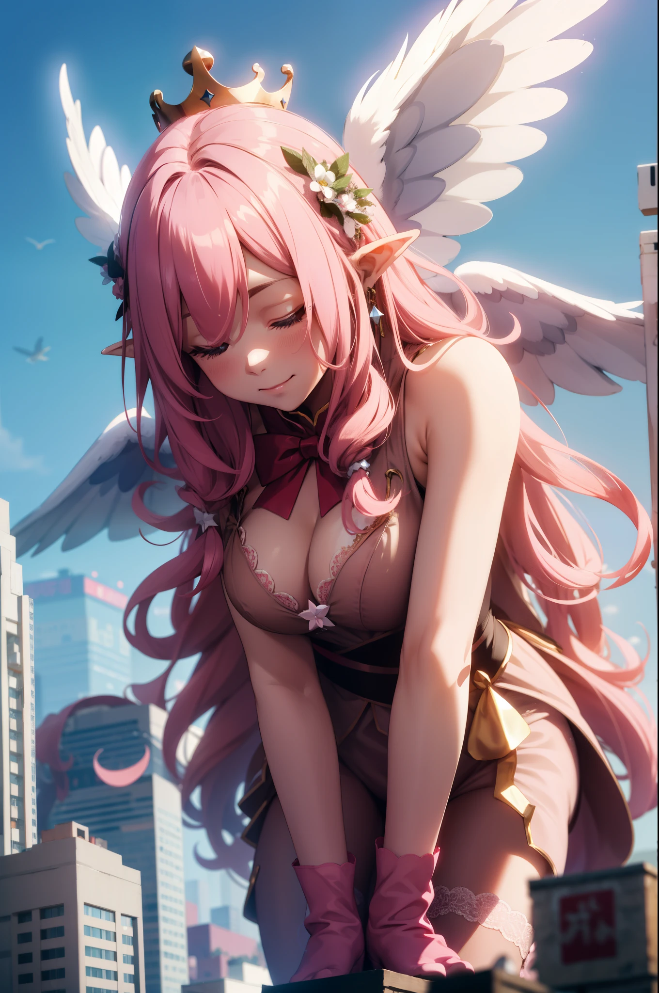 giant girl 50,000 feet high,Weight 1000kg,Has a pair of huge pink angel wings,With huge devil horns on his head,crown on head,Elf wearing pink earrings,She has long pink hair that reaches her feet,loose hair,Pink wavy long curly hair,Wearing a pair of pink boots,Pink lace gloves,Pink lace pantyhose,Pantyhose with bow and star decorations,粉色蕾丝whole body,Standing upright on a small city,Beautiful appearance,Exquisite makeup,quality,8k,高quality,Perfect proportion, Cinema lighting,film grain,Fuji colors,8k,textured skin,Super details,high detail,high resolution,fake smile,blood stains,脚底有blood stains,whole body,Obese,elf princess,feather,flowers。