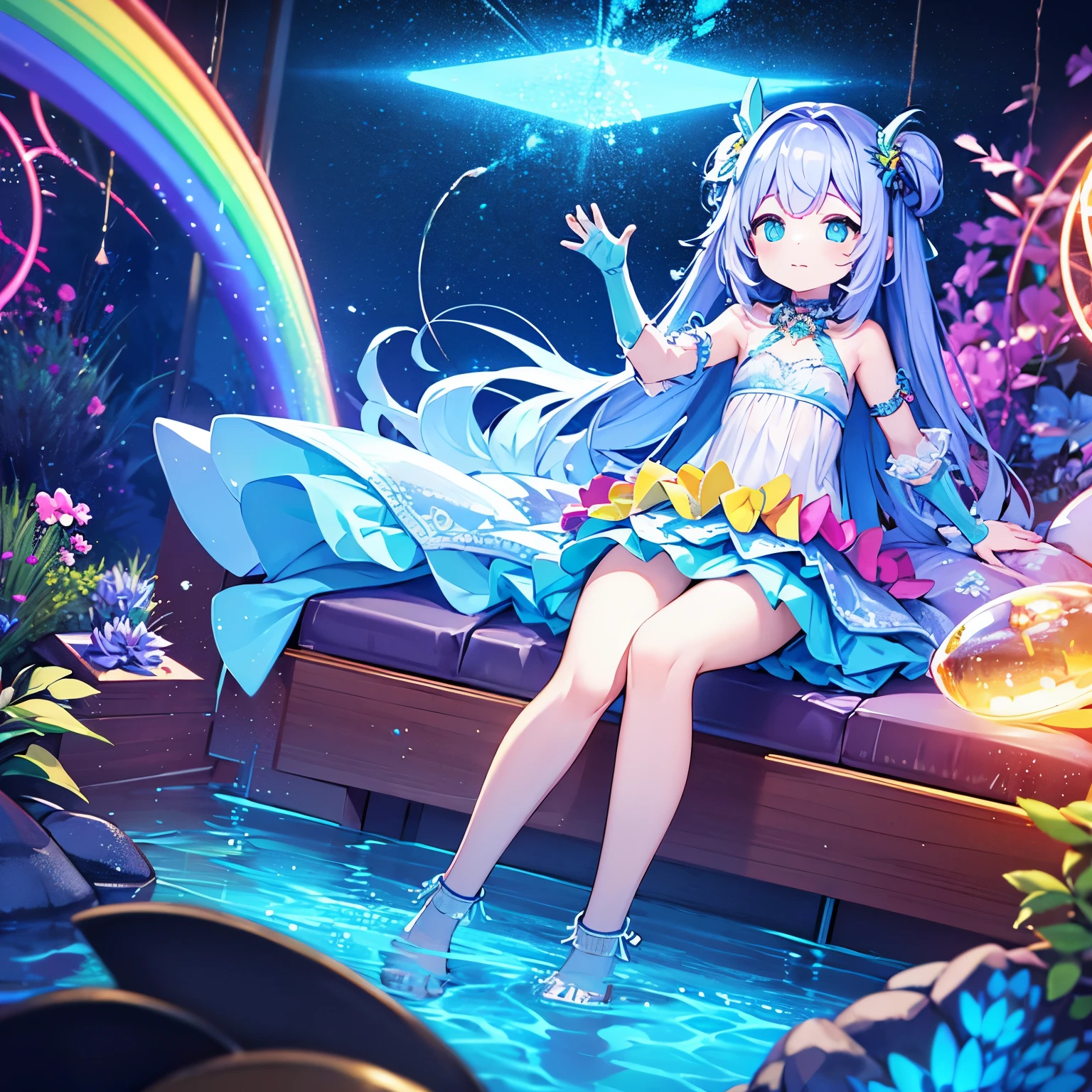 highest quality, 32K, RAW photo, incredibly absurd, very detailed, you have a partner, (Little, Super transformation, whole body, 3D), round aquarium filled with water, a cute Little girl swimming in it, rainbow colored bubbles, A wall filled with rainbow-colored gears and electronic components, rainbow colored neon line light, delicate, Flashy and dynamic depiction, 3D, fantasy, professional lighting