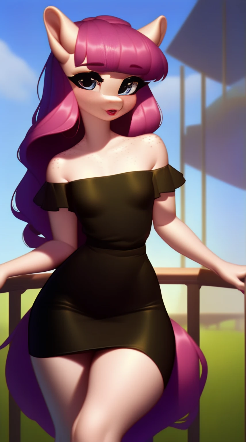 (score_9), (source_ derpibooru_p_95), (earth pony), ((anthro appears :1.1)), (shoulderless top, cute skirt), shy, blushing, solo, realistic long hair, bangs, anatomically correct, flat chest, curvy figure, high res, pink bottom lip, extremely detailed, t**en, filly, absolutely stunning, freckles, skinny waist, 