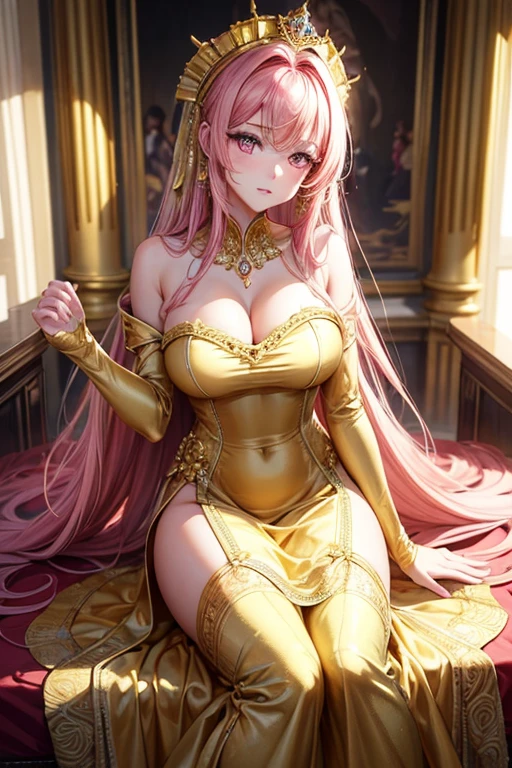 extremely detailed, solo, perfect face, pretty face, highly detailed face,(muste piece), (best quality)、Woman in gold dress, wearing a dress of gossamer gold, miss aniela, Medieval dress yellow ocher, golden dress, Royal Gown, gold clothes, lady using yellow dress, dress in the style of rococo, Royal Gown, gilded outfit,The most beautiful woman in the world、best style、big breasts、(pink hair、pink eyes)