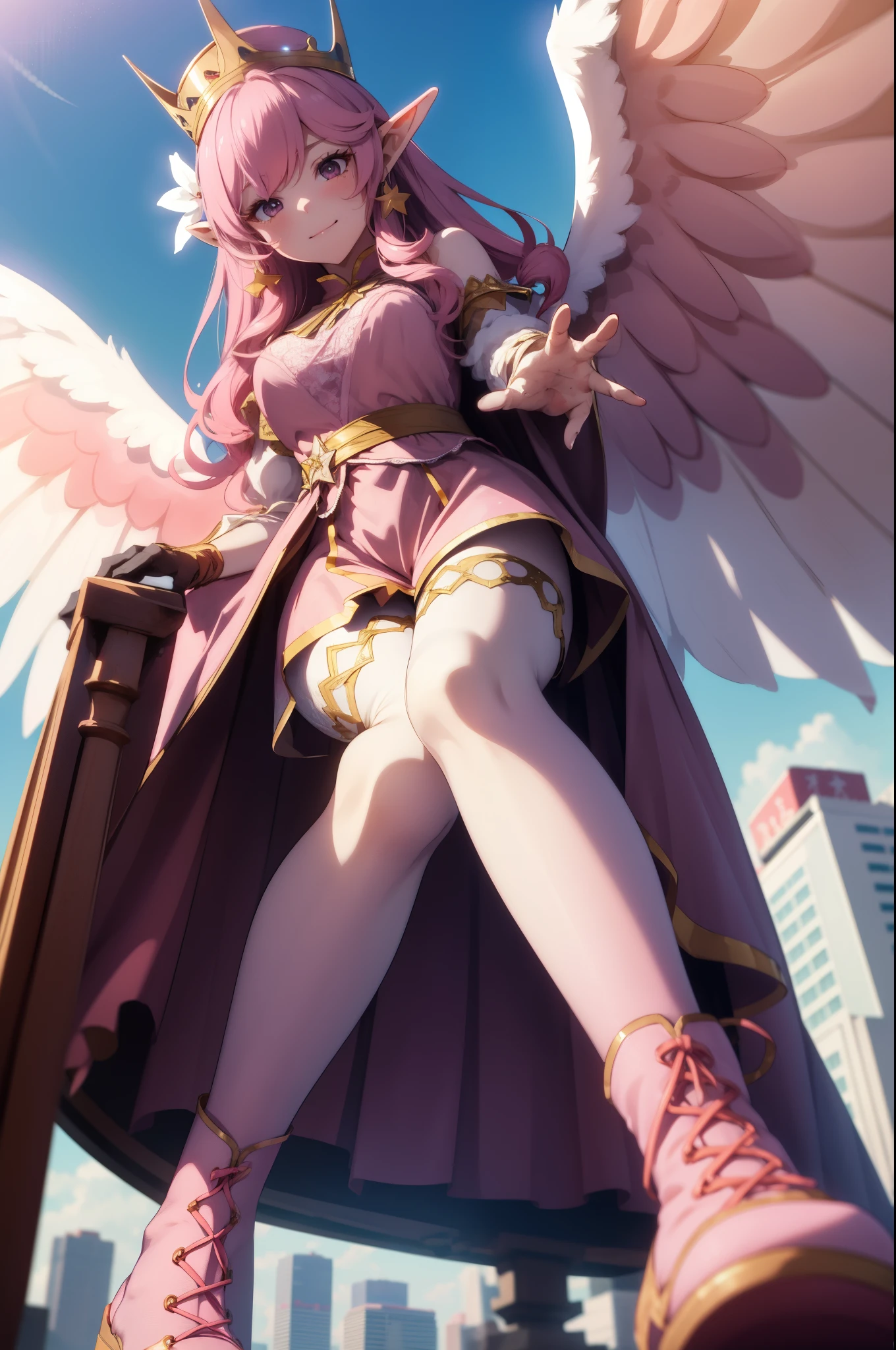 Aerial View,giant girl 50,000 feet high,Weight 1000kg,Has a pair of huge pink angel wings,With huge devil horns on his head,Has waist-length pink hair,loose hair,Pink wavy hair,pink crown,Wearing a pair of pink Mary Jane high heels,Pink lace gloves,Pink lace pantyhose,Bow and star embellished tights,粉色蕾丝whole body,Standing tall above the small town,Beautiful appearance,Exquisite makeup,quality,8k,高quality,Perfect proportion, Cinema lighting,film grain,Fuji colors,8k,textured skin,Super details,high detail,high resolution,fake smile,blood stains,脚底有blood stains,whole body,fat,feather