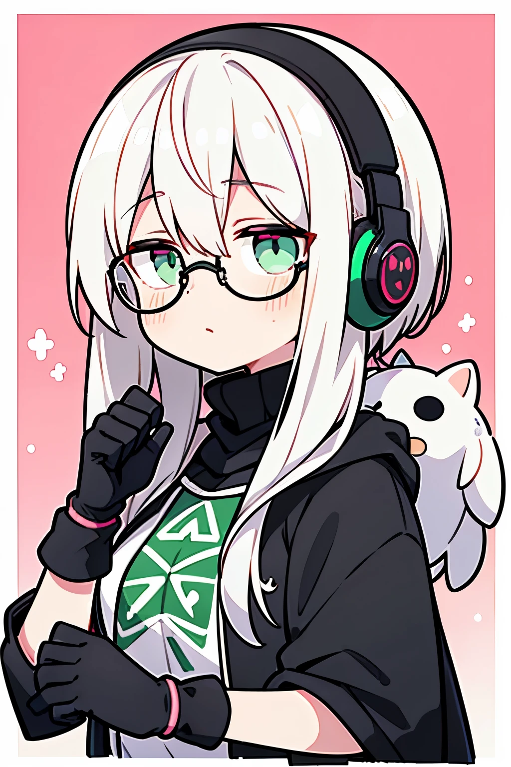 ((highest quality)), ((masterpiece)), (be familiar with), perfect face,white hair,Green mesh,pink droopy eyes,round glasses,black hoodie,headphones,black gloves,turtleneck,alone,icon