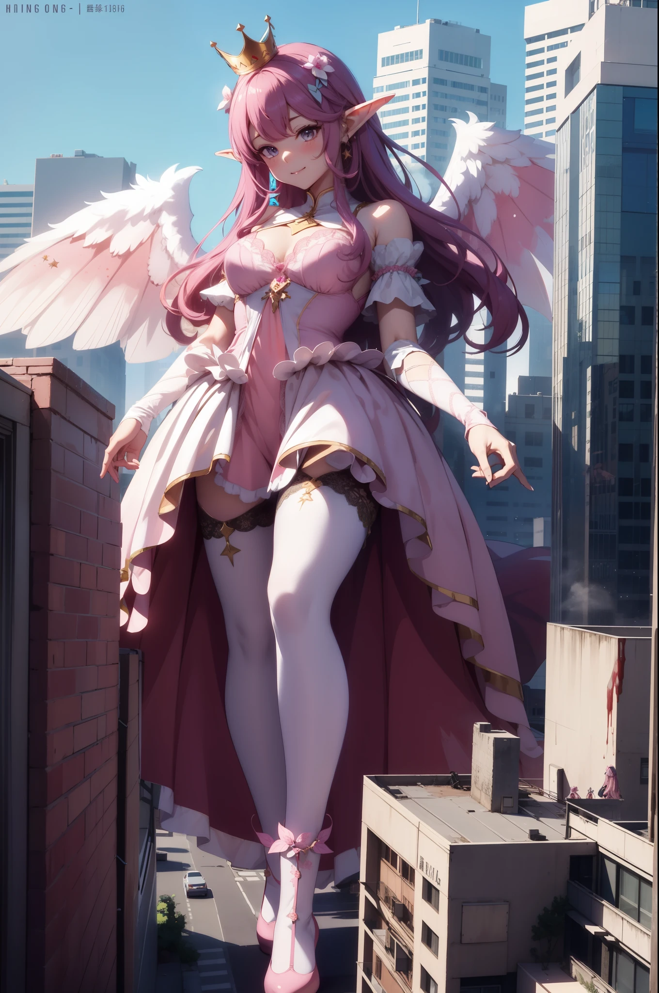 giant girl 50,000 feet high,Weight 1000kg,Has a pair of huge pink angel wings,With huge devil horns on his head,crown on head,Elf wearing pink earrings,She has long pink hair that reaches her feet,loose hair,Pink wavy long curly hair,Wearing a pair of pink boots,Pink lace gloves,Pink lace pantyhose,Pantyhose with bow and star decorations,粉色蕾丝whole body,Standing upright on a small city,Beautiful appearance,Exquisite makeup,quality,8k,高quality,Perfect proportion, Cinema lighting,film grain,Fuji colors,8k,textured skin,Super details,high detail,high resolution,fake smile,blood stains,脚底有blood stains,whole body,Obese,elf princess,feather,flowers。